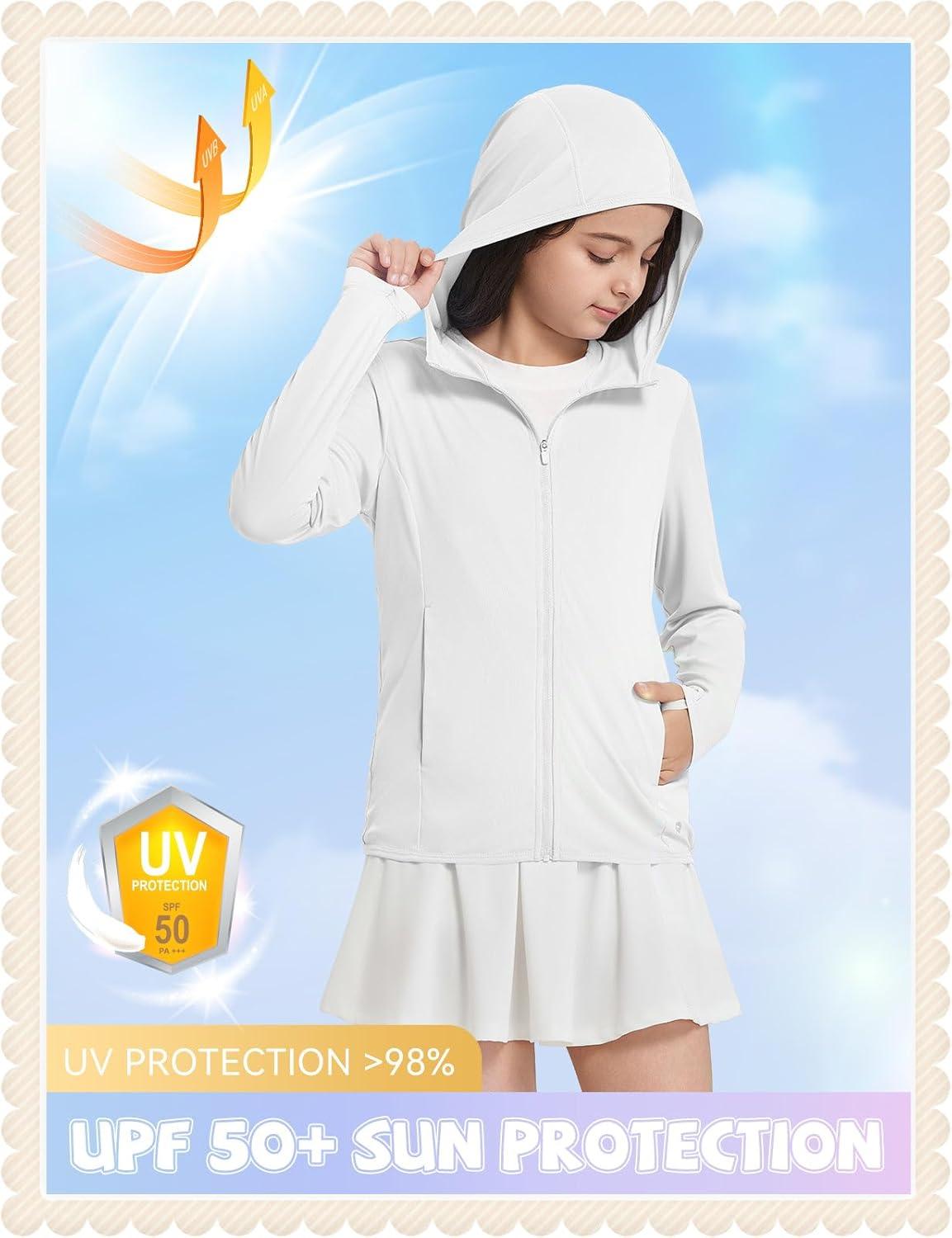 imagebaleaf Girls UPF 50 Rash Guard Sun Jacket Hoodie SPF UV Protection Full Zip Swim Shirts Long Sleeve for KidsWhite