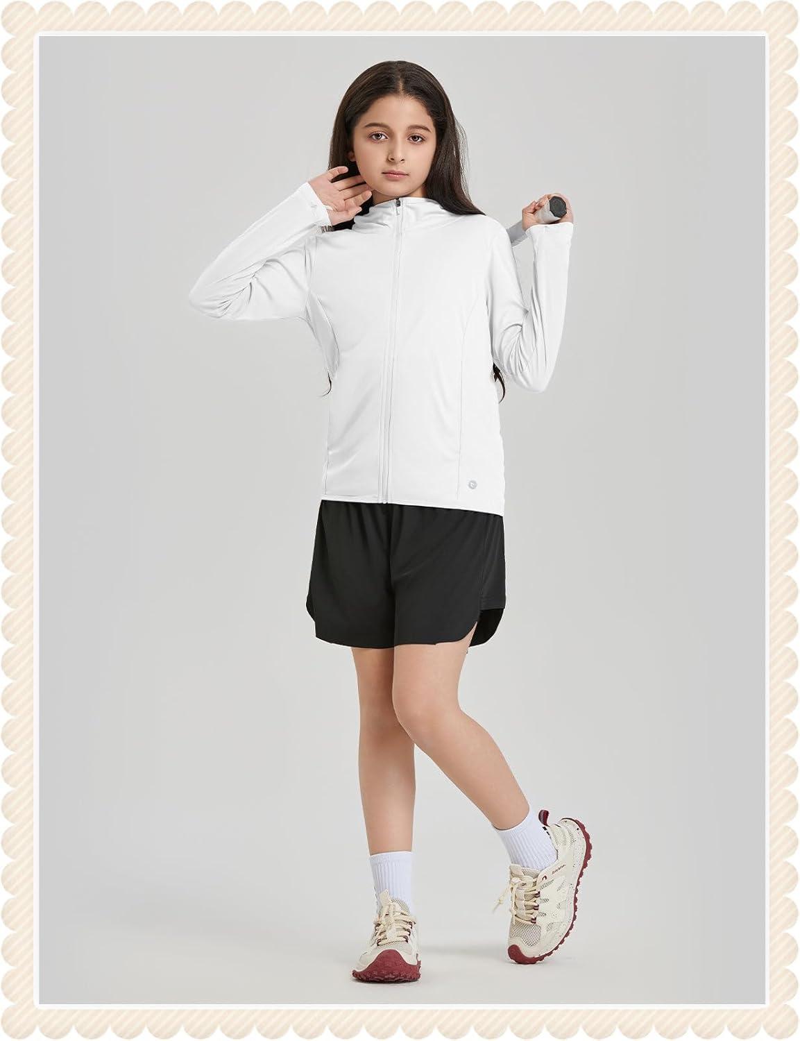 imagebaleaf Girls UPF 50 Rash Guard Sun Jacket Hoodie SPF UV Protection Full Zip Swim Shirts Long Sleeve for KidsWhite