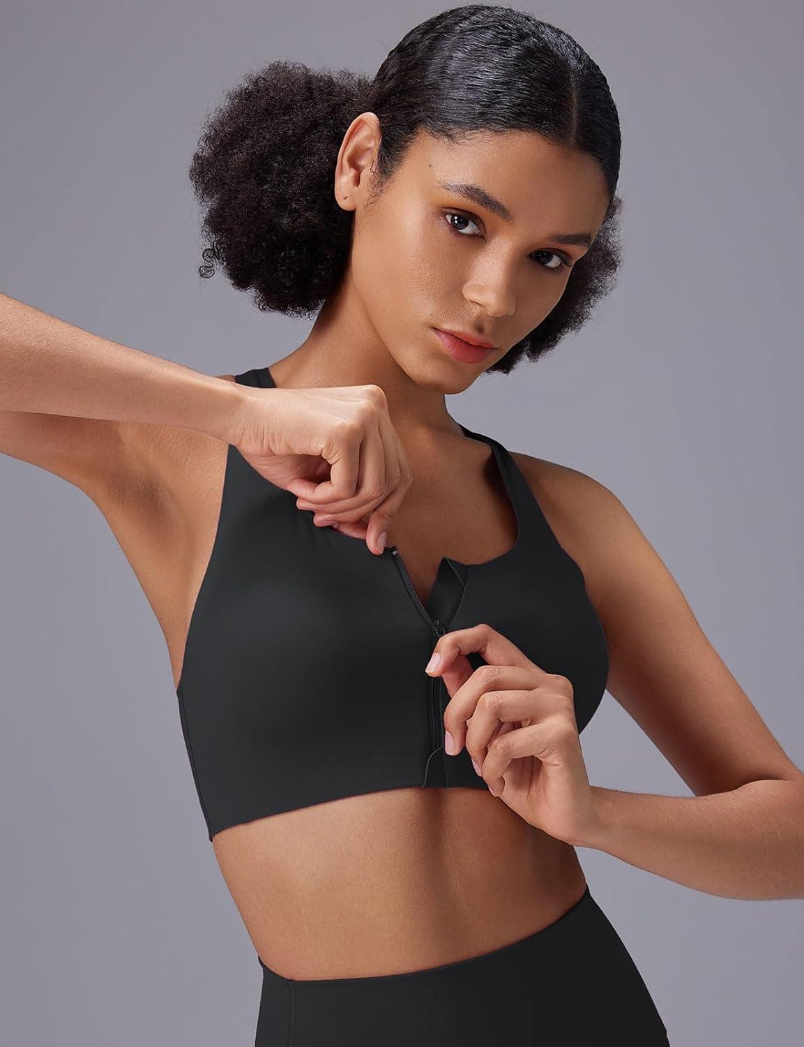 imagebaleaf Sweatleaf Womens Zip Front Closure Sports Bras Racerback Padded High Impact Yoga Workout Running BraBlack