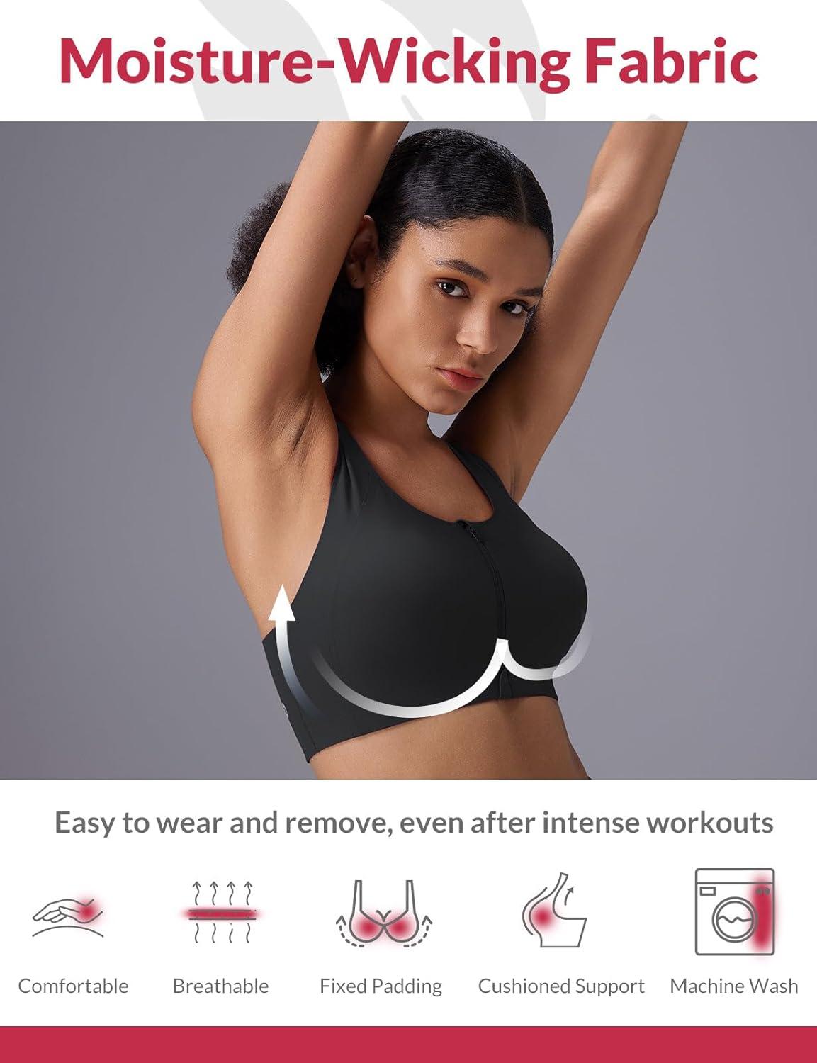 imagebaleaf Sweatleaf Womens Zip Front Closure Sports Bras Racerback Padded High Impact Yoga Workout Running BraBlack
