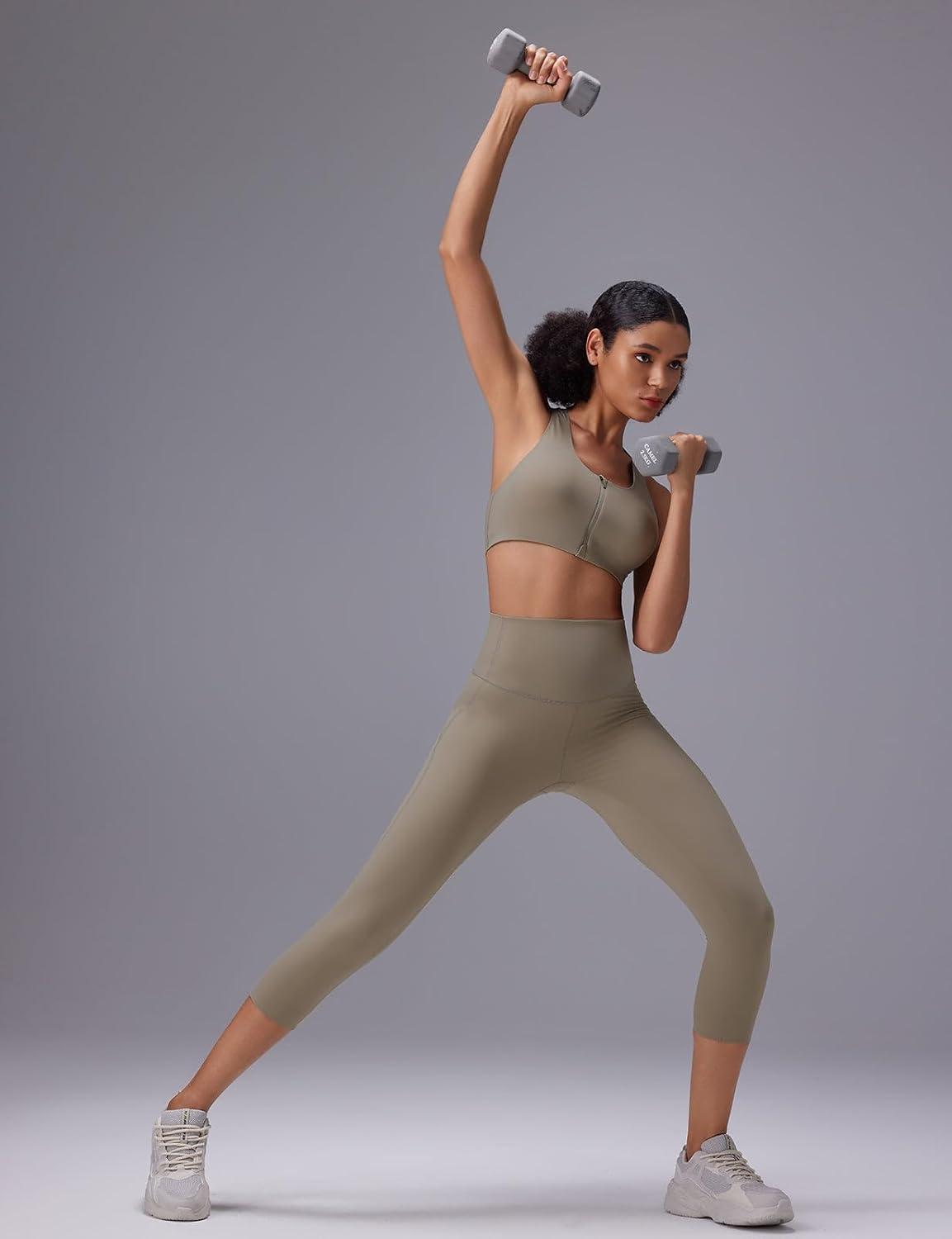 imagebaleaf Sweatleaf Womens Zip Front Closure Sports Bras Racerback Padded High Impact Yoga Workout Running BraKhaki