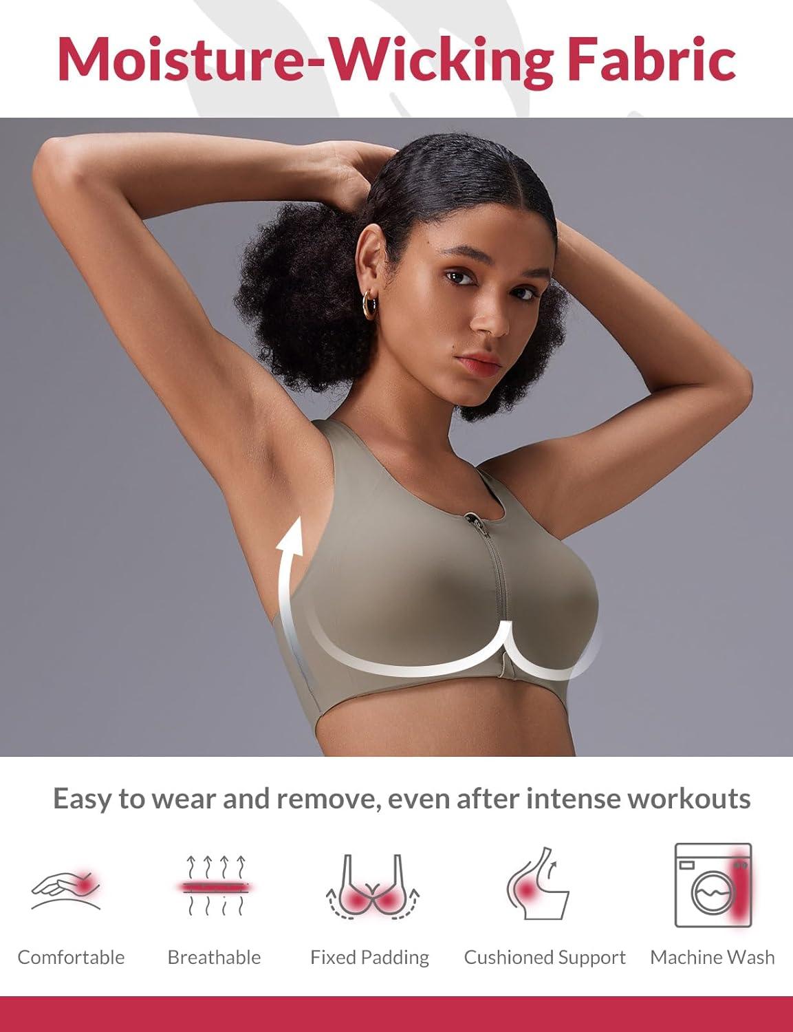 imagebaleaf Sweatleaf Womens Zip Front Closure Sports Bras Racerback Padded High Impact Yoga Workout Running BraKhaki