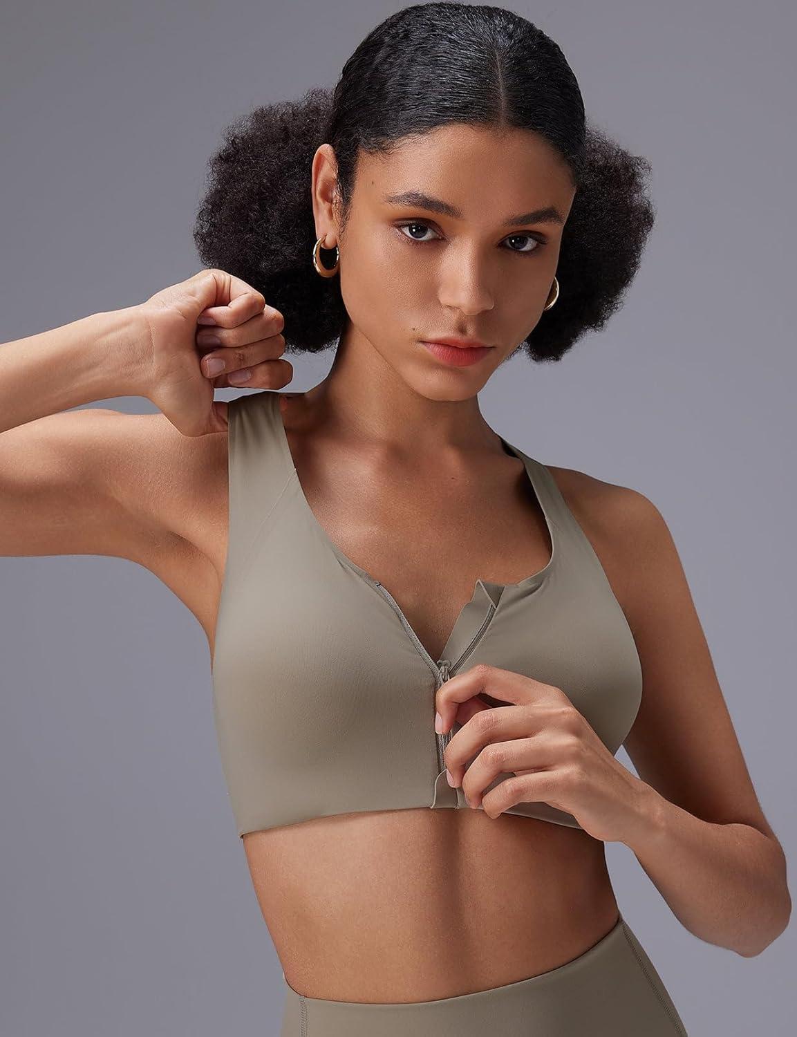 imagebaleaf Sweatleaf Womens Zip Front Closure Sports Bras Racerback Padded High Impact Yoga Workout Running BraKhaki