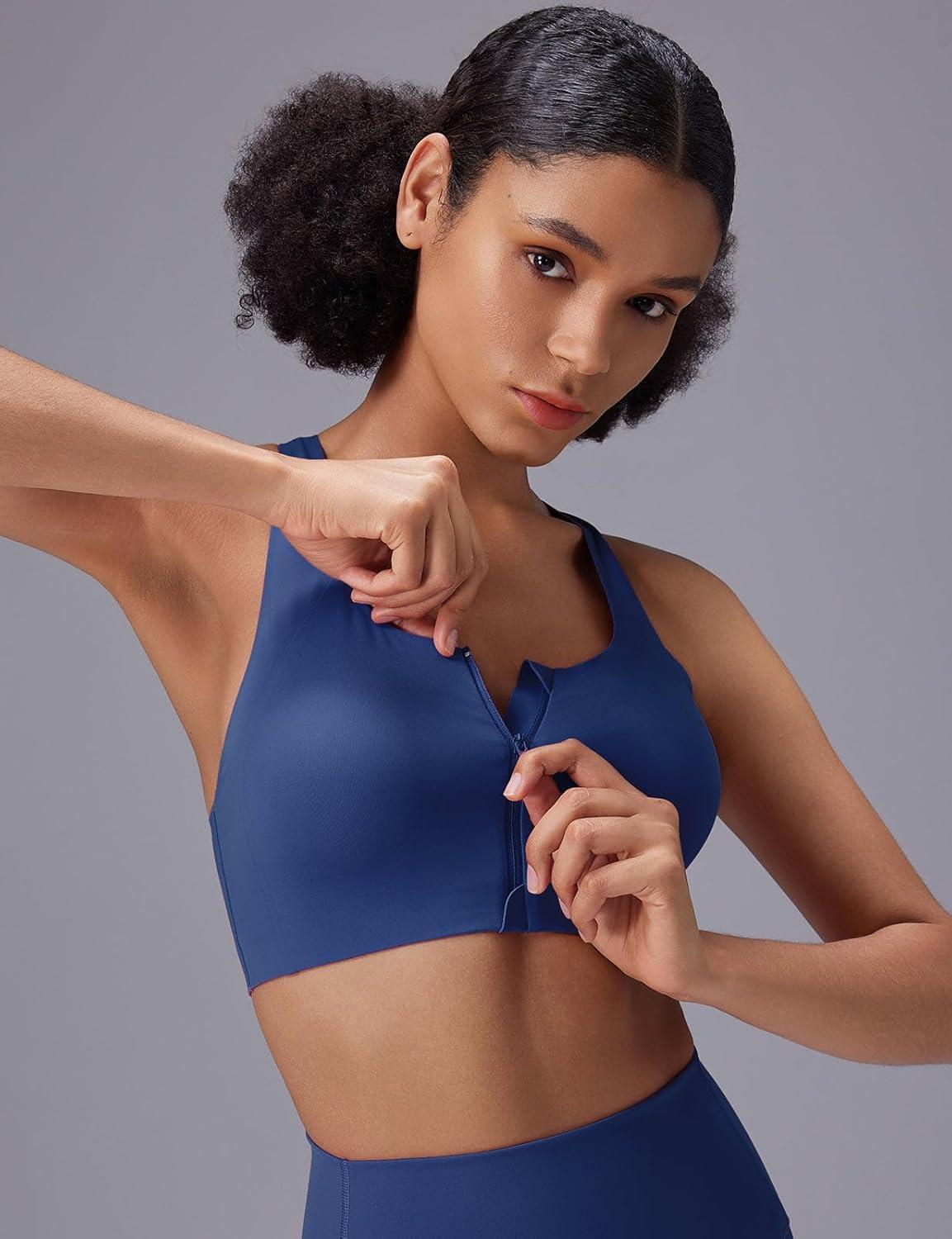 imagebaleaf Sweatleaf Womens Zip Front Closure Sports Bras Racerback Padded High Impact Yoga Workout Running BraNavy Blue