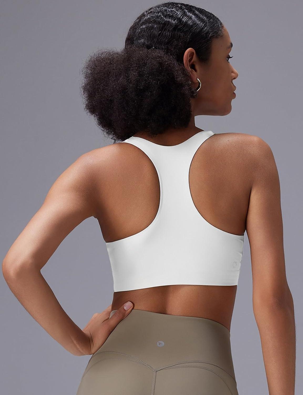 imagebaleaf Sweatleaf Womens Zip Front Closure Sports Bras Racerback Padded High Impact Yoga Workout Running BraWhite