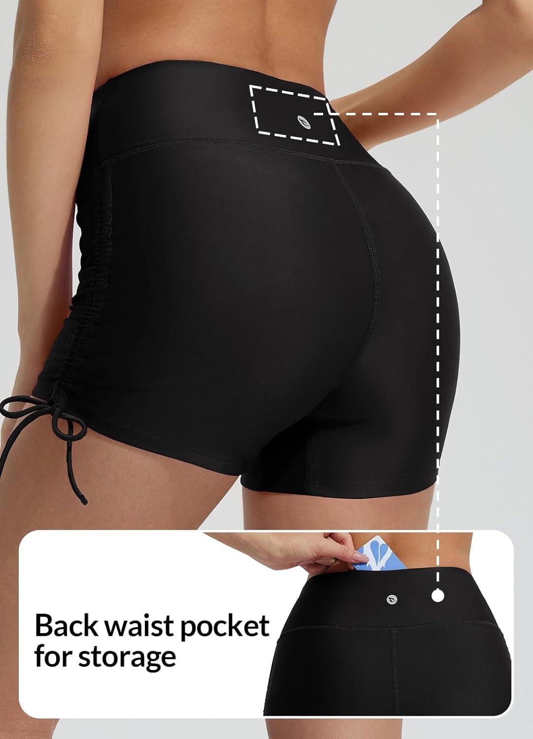 imagebaleaf Womens 3quot High Waisted Swim Shorts Tummy Control Swimsuit Bottoms Ruched Side Board Shorts with PocketBlack