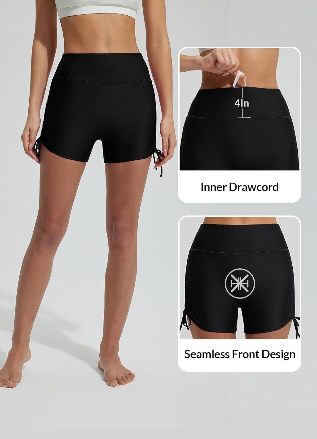 imagebaleaf Womens 3quot High Waisted Swim Shorts Tummy Control Swimsuit Bottoms Ruched Side Board Shorts with PocketBlack