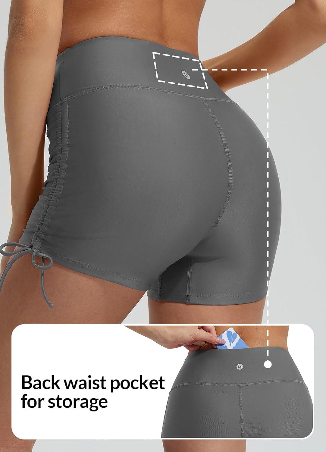 imagebaleaf Womens 3quot High Waisted Swim Shorts Tummy Control Swimsuit Bottoms Ruched Side Board Shorts with PocketDark Gray