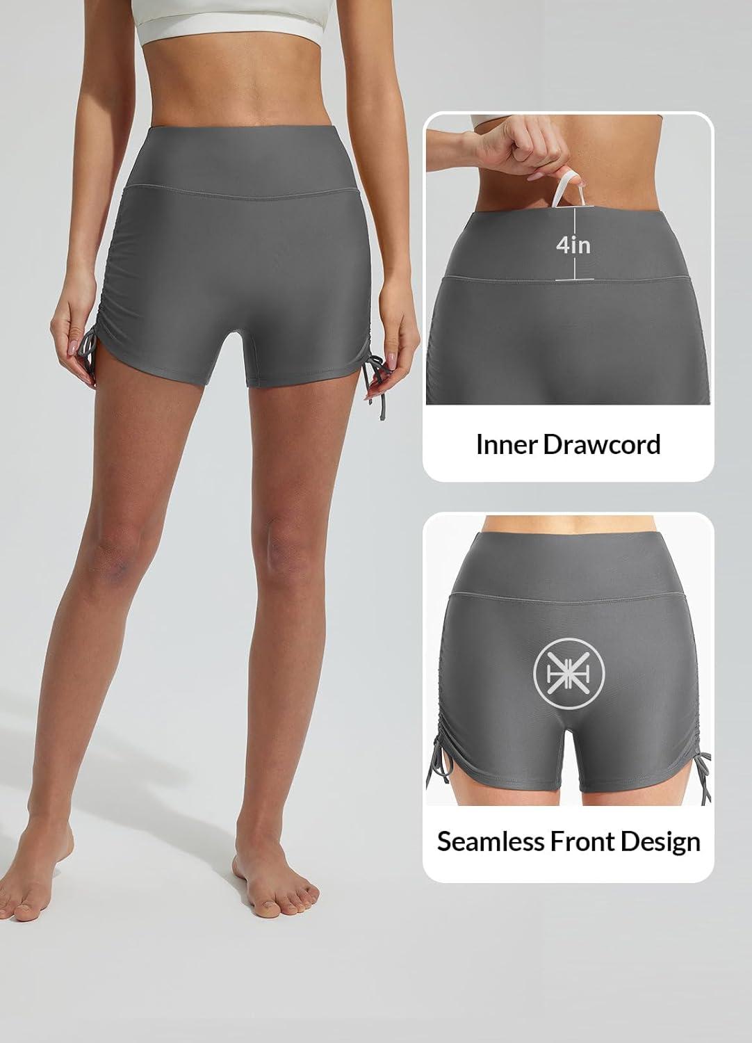 imagebaleaf Womens 3quot High Waisted Swim Shorts Tummy Control Swimsuit Bottoms Ruched Side Board Shorts with PocketDark Gray