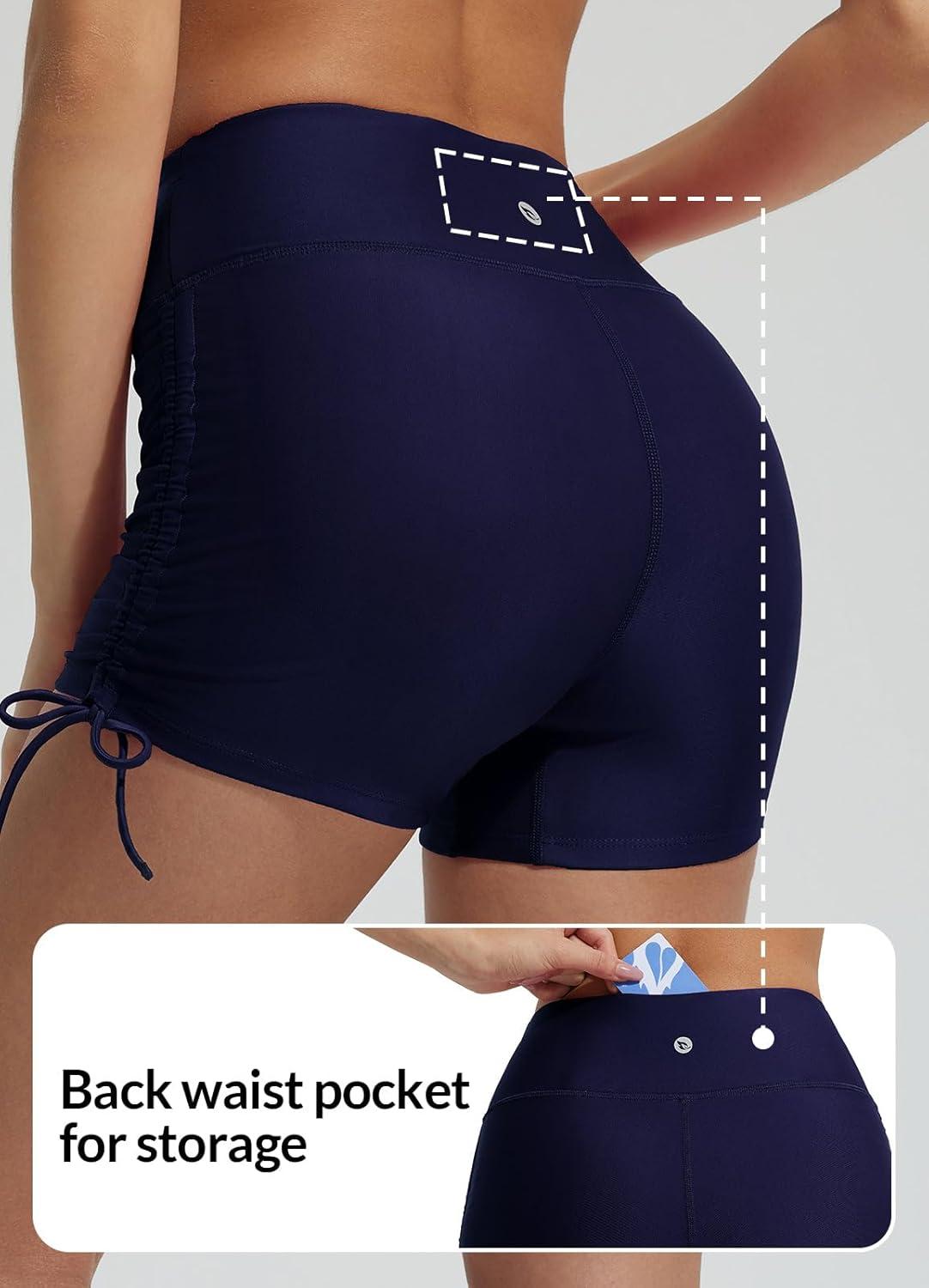 imagebaleaf Womens 3quot High Waisted Swim Shorts Tummy Control Swimsuit Bottoms Ruched Side Board Shorts with PocketNavy Blue
