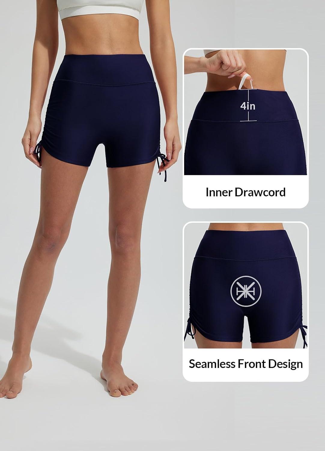 imagebaleaf Womens 3quot High Waisted Swim Shorts Tummy Control Swimsuit Bottoms Ruched Side Board Shorts with PocketNavy Blue