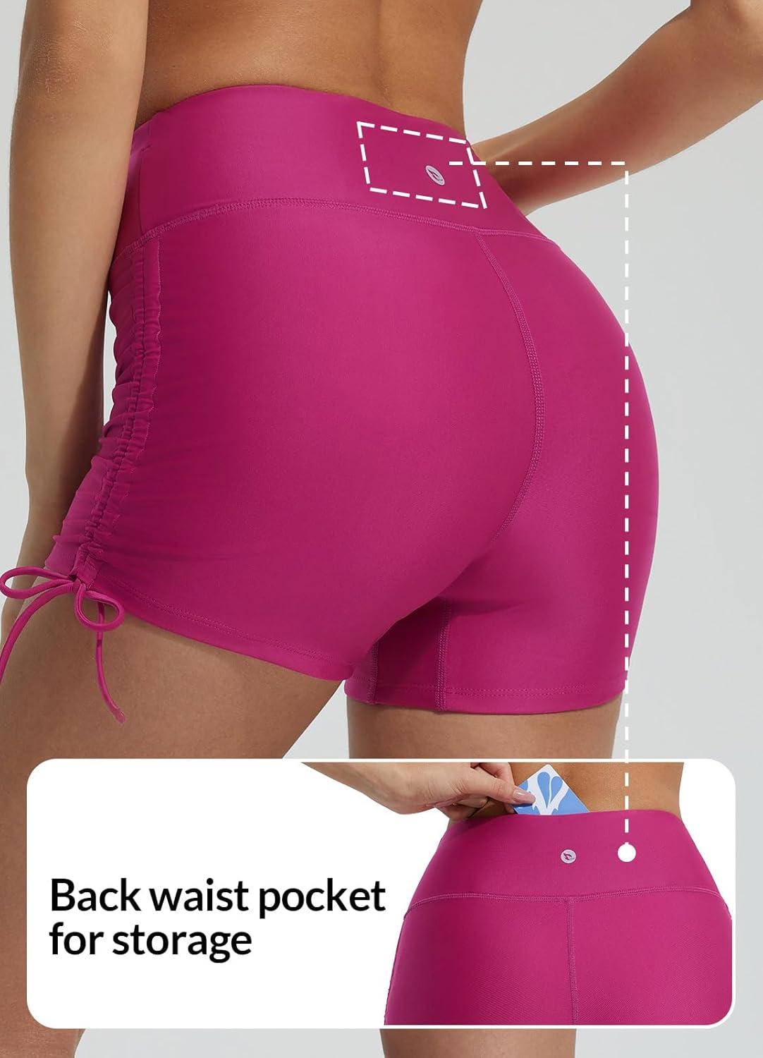 imagebaleaf Womens 3quot High Waisted Swim Shorts Tummy Control Swimsuit Bottoms Ruched Side Board Shorts with PocketPink
