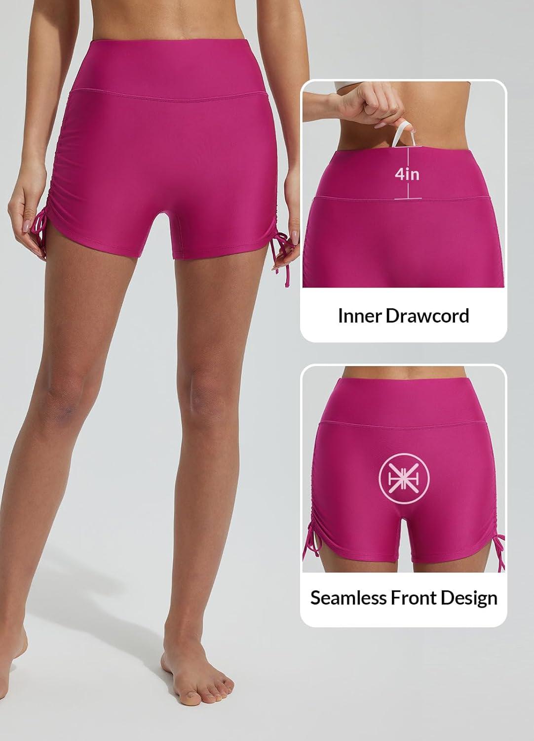 imagebaleaf Womens 3quot High Waisted Swim Shorts Tummy Control Swimsuit Bottoms Ruched Side Board Shorts with PocketPink