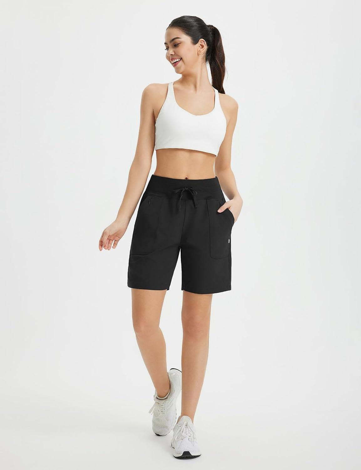 imagebaleaf Womens 7quot Athletic Running Shorts Long Workout Shorts High Waisted Quick Dry 4 Zipper Pockets UPF50Black