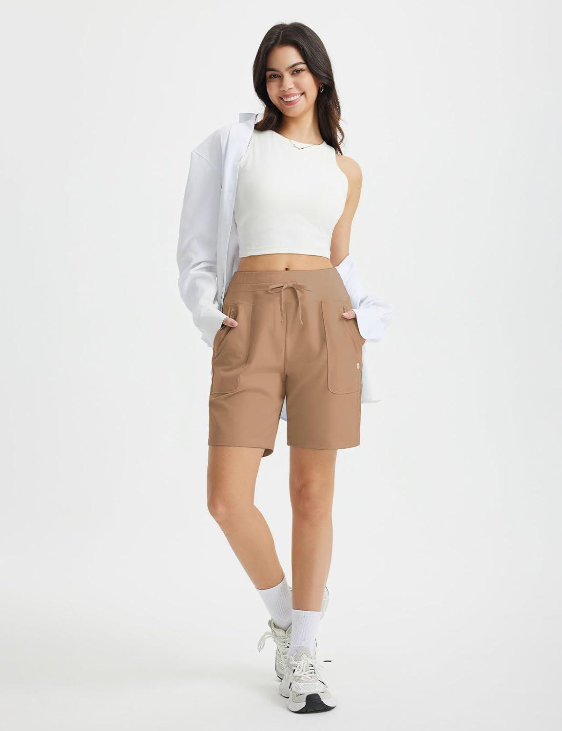 imagebaleaf Womens 7quot Athletic Running Shorts Long Workout Shorts High Waisted Quick Dry 4 Zipper Pockets UPF50Brown