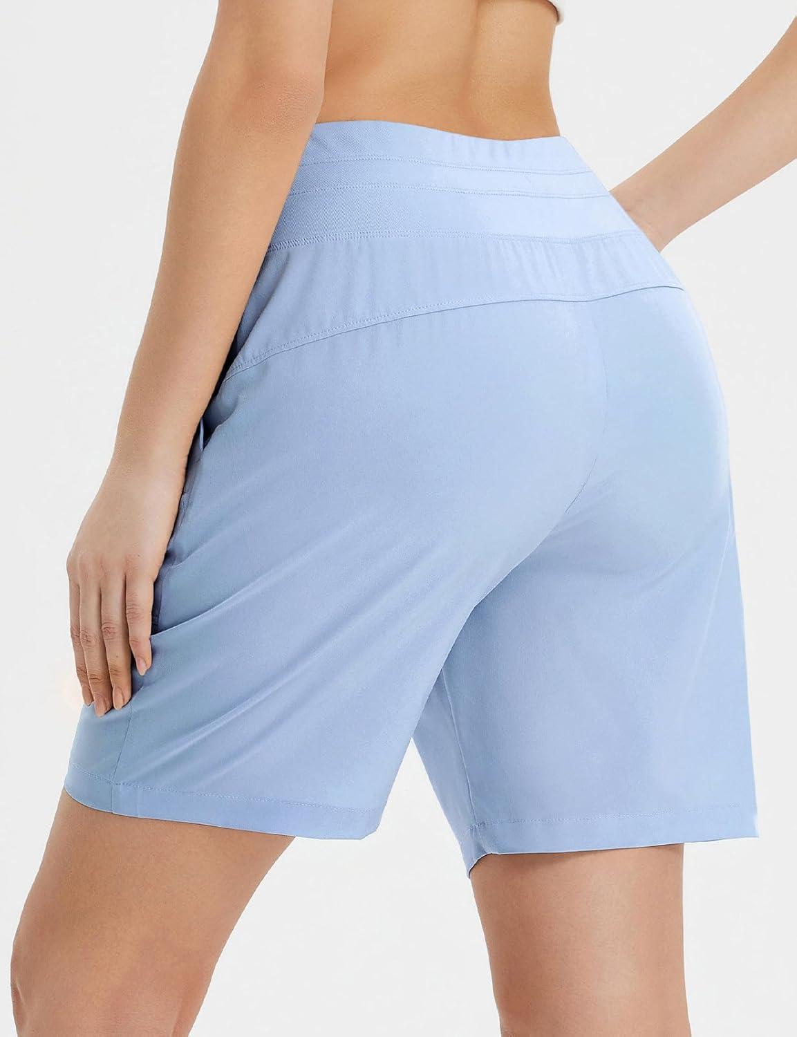 imagebaleaf Womens 7quot Athletic Running Shorts Long Workout Shorts High Waisted Quick Dry 4 Zipper Pockets UPF50Light Blue