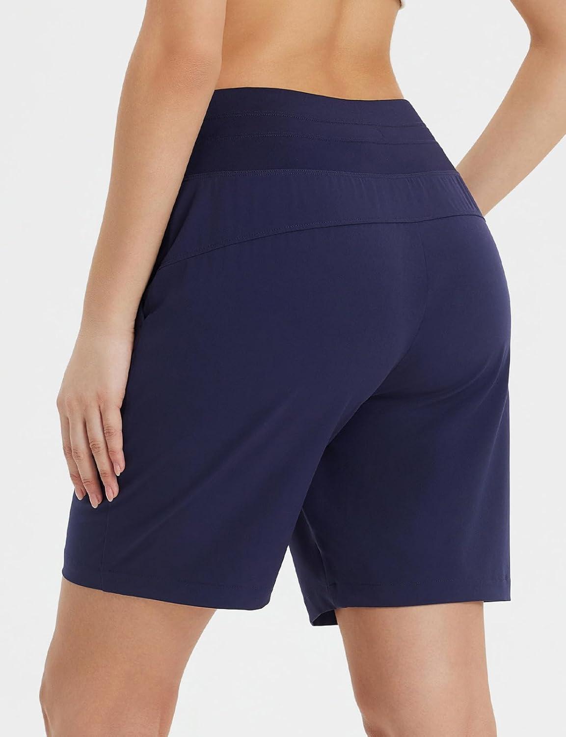 imagebaleaf Womens 7quot Athletic Running Shorts Long Workout Shorts High Waisted Quick Dry 4 Zipper Pockets UPF50Navy Blue