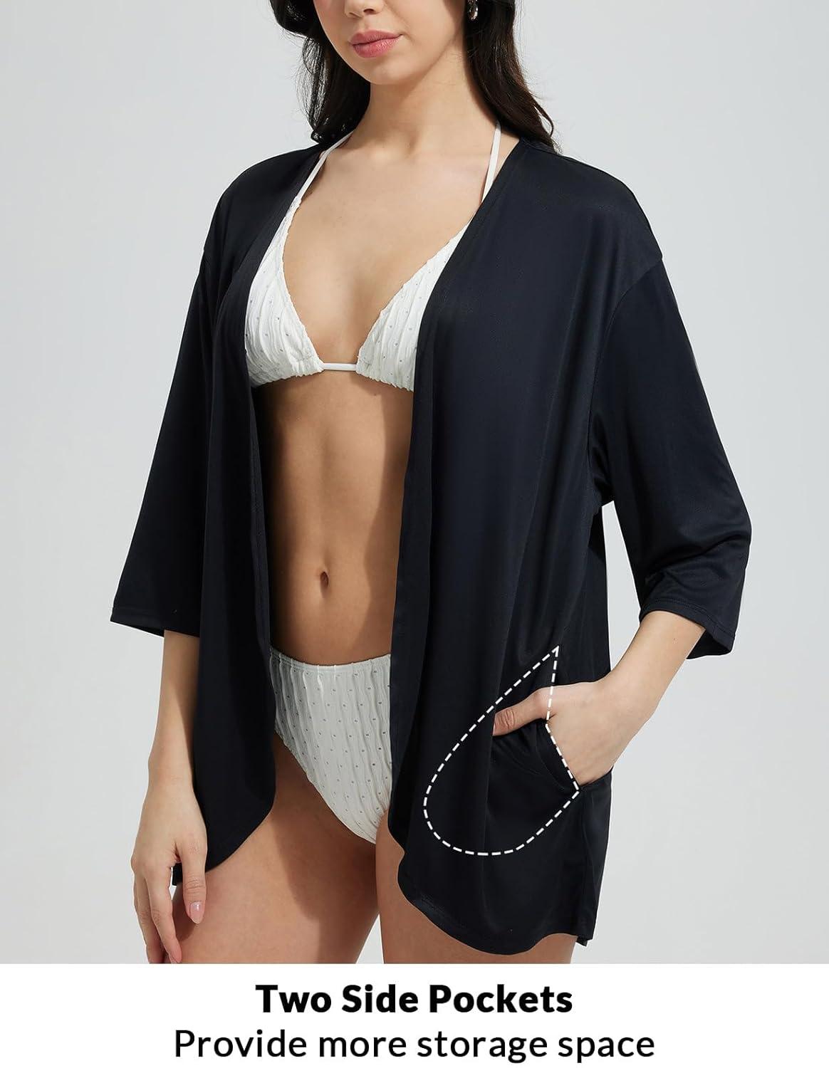 imagebaleaf Womens Beach Cover Up UPF 50 2025 Lightweight Cardigan 34 Sleeve Sun Shirts SPF Sun Wrap with PocketBlack