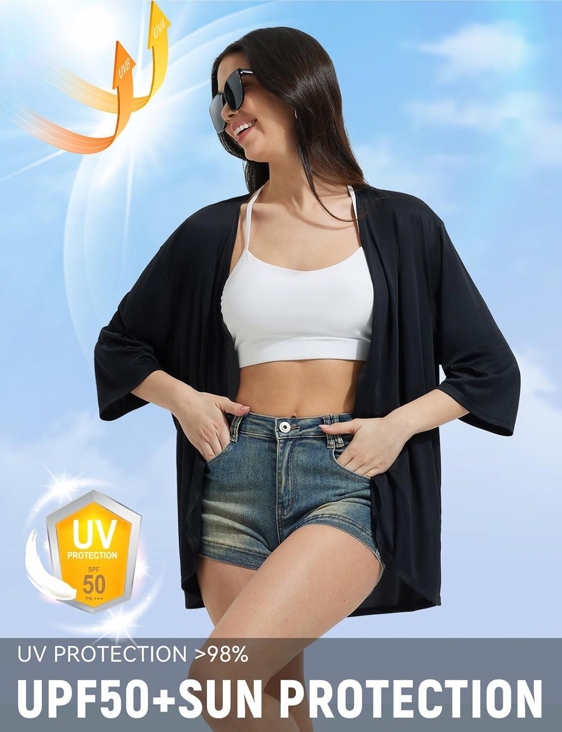 imagebaleaf Womens Beach Cover Up UPF 50 2025 Lightweight Cardigan 34 Sleeve Sun Shirts SPF Sun Wrap with PocketBlack