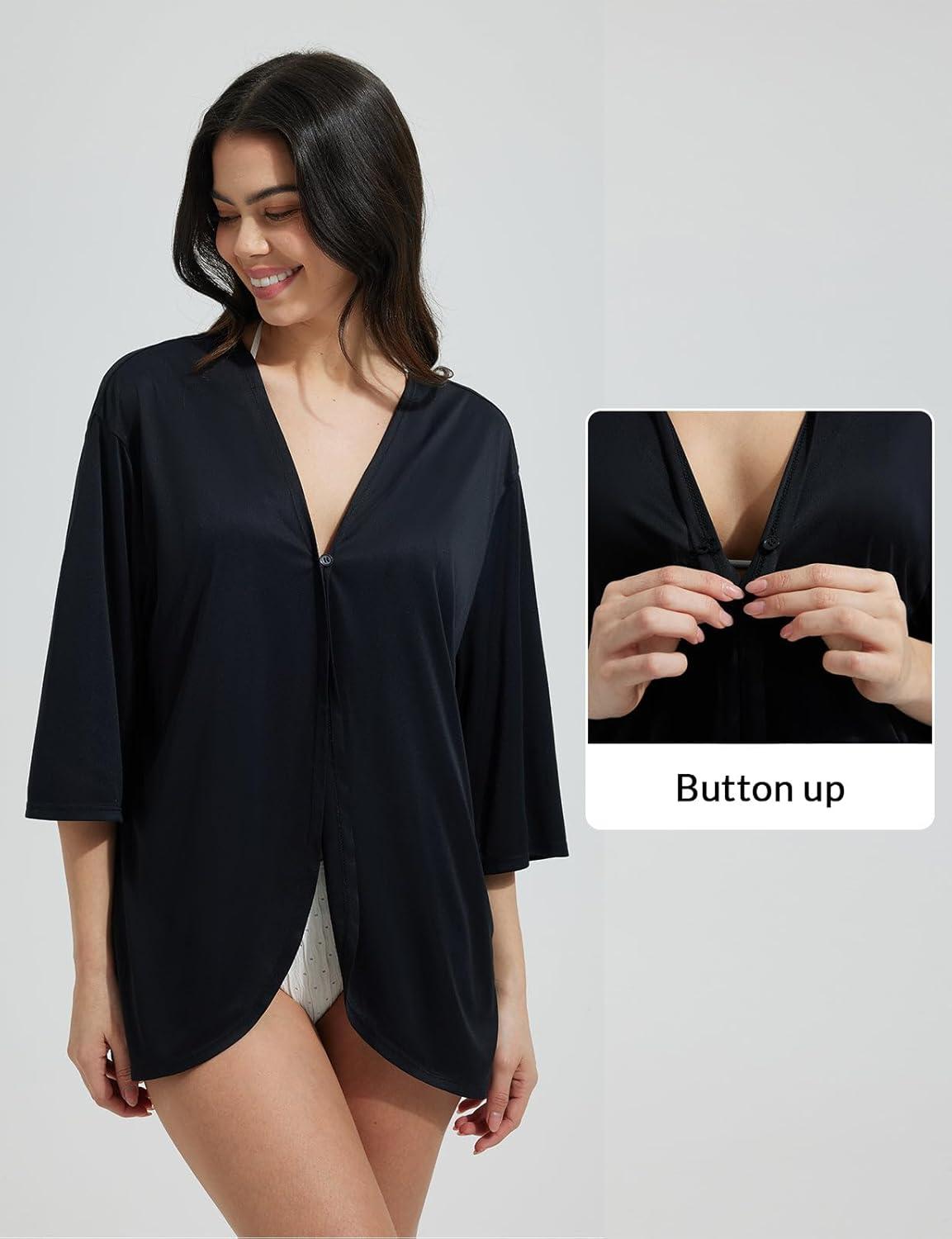 imagebaleaf Womens Beach Cover Up UPF 50 2025 Lightweight Cardigan 34 Sleeve Sun Shirts SPF Sun Wrap with PocketBlack