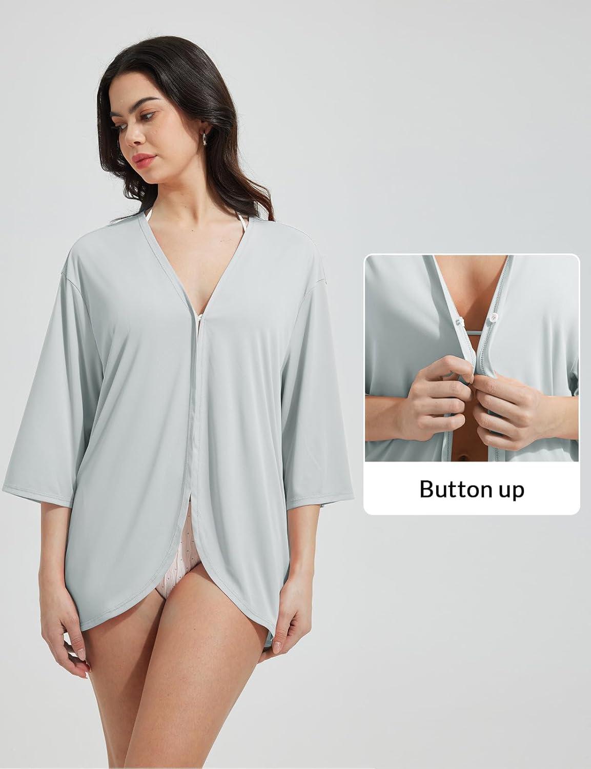 imagebaleaf Womens Beach Cover Up UPF 50 2025 Lightweight Cardigan 34 Sleeve Sun Shirts SPF Sun Wrap with PocketLight Gray