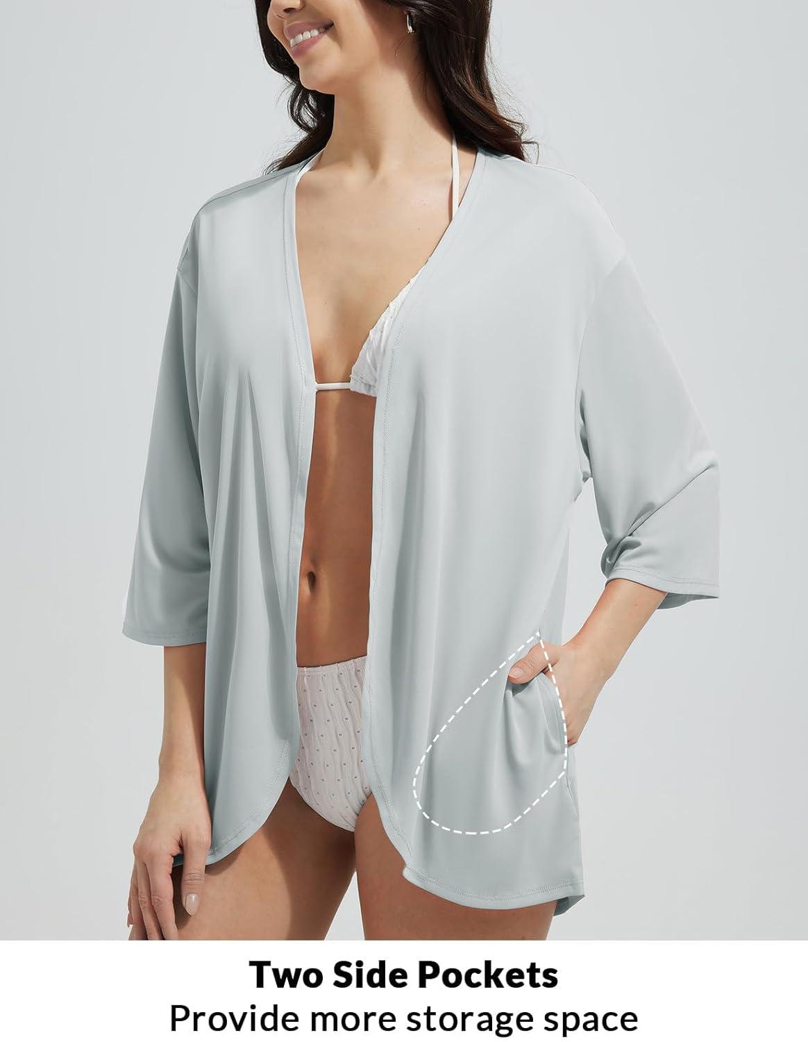 imagebaleaf Womens Beach Cover Up UPF 50 2025 Lightweight Cardigan 34 Sleeve Sun Shirts SPF Sun Wrap with PocketLight Gray