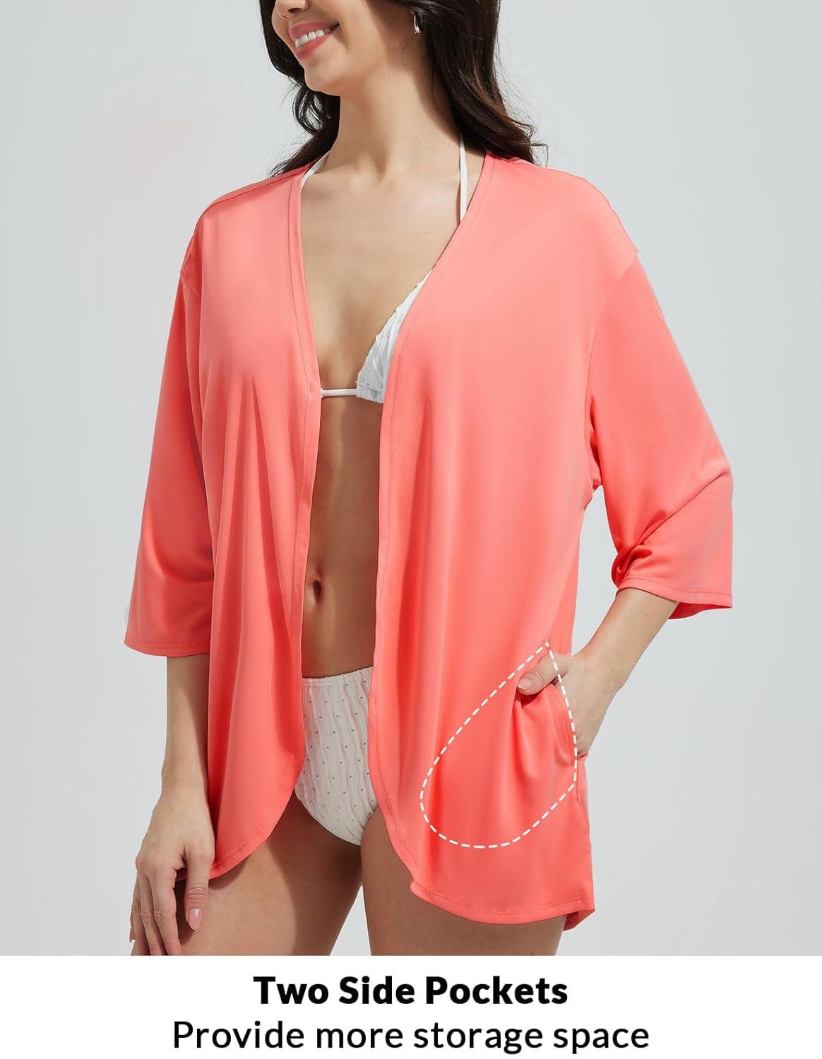 imagebaleaf Womens Beach Cover Up UPF 50 2025 Lightweight Cardigan 34 Sleeve Sun Shirts SPF Sun Wrap with PocketPink