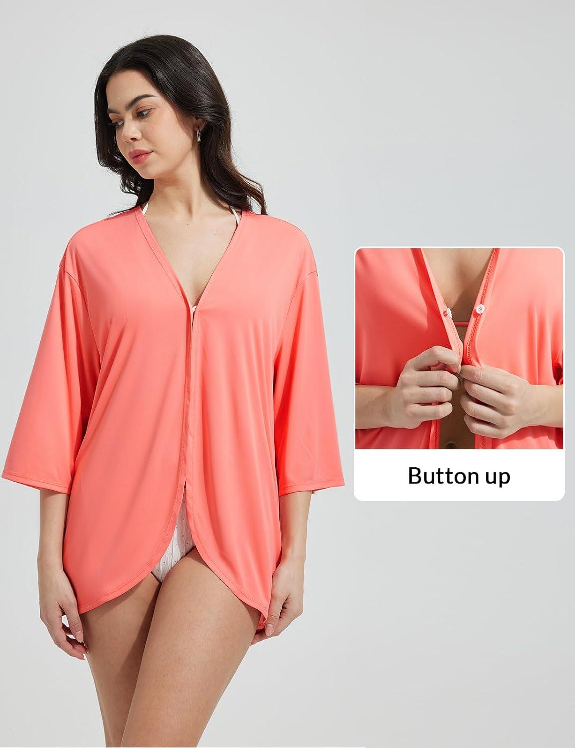imagebaleaf Womens Beach Cover Up UPF 50 2025 Lightweight Cardigan 34 Sleeve Sun Shirts SPF Sun Wrap with PocketPink