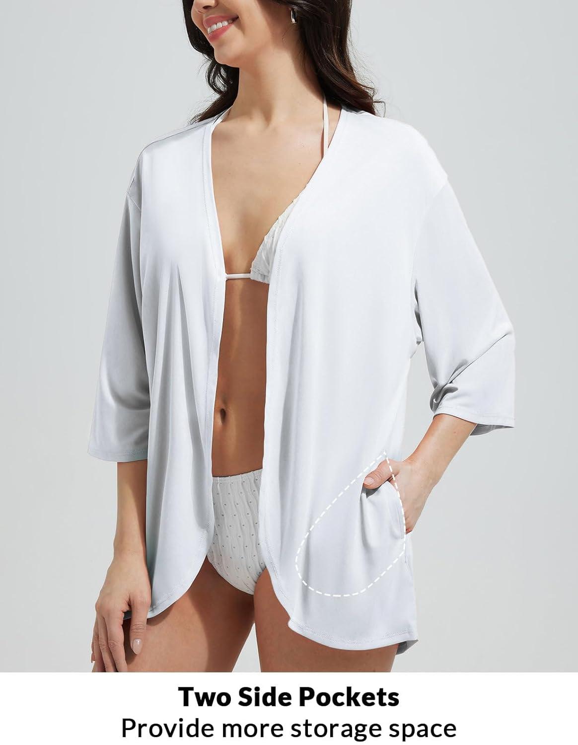 imagebaleaf Womens Beach Cover Up UPF 50 2025 Lightweight Cardigan 34 Sleeve Sun Shirts SPF Sun Wrap with PocketWhite