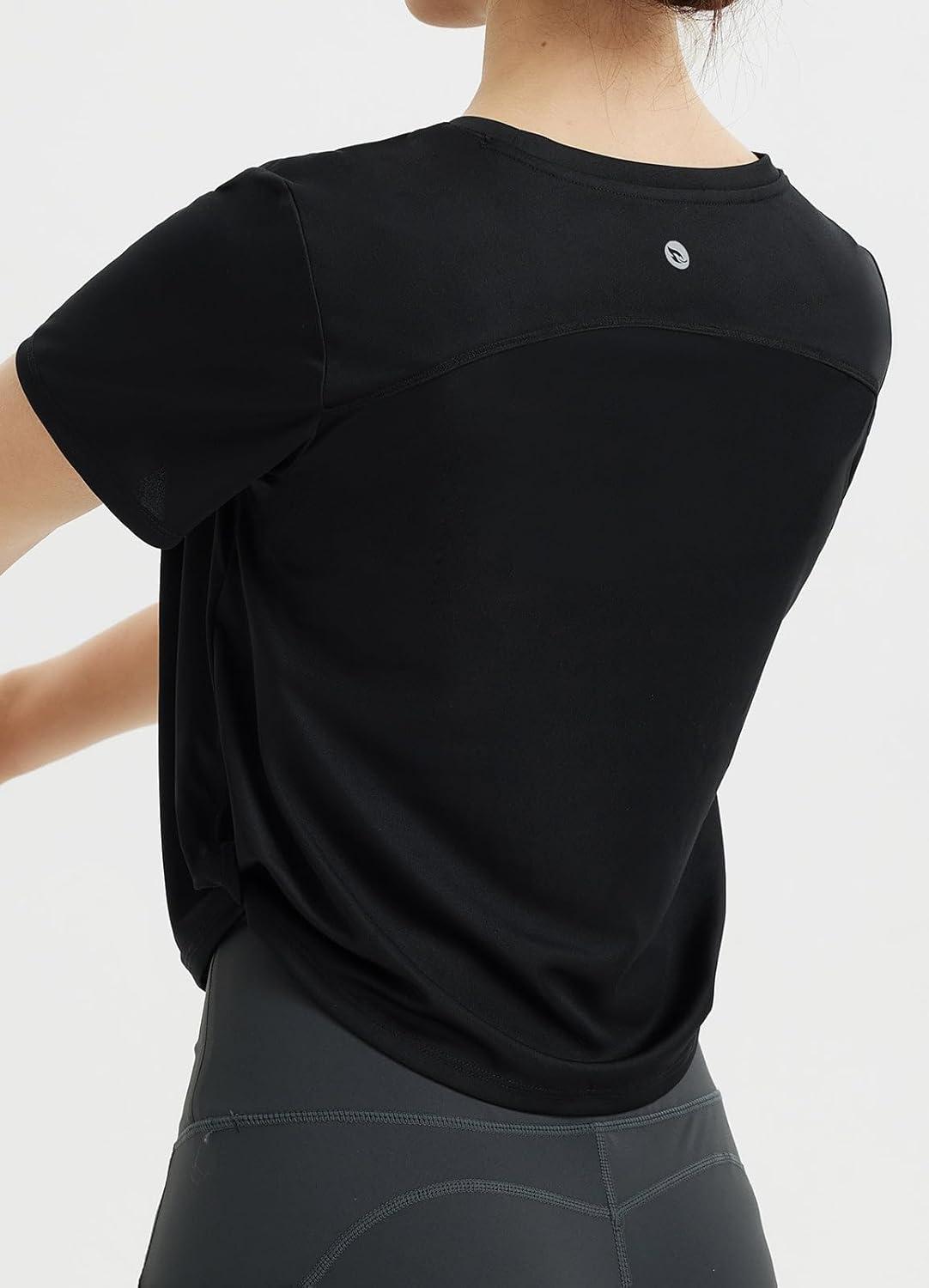 imagebaleaf Womens Cropped Workout Tops Short Sleeve Athletic Running Shirts Loose Fit Quick Dry Yoga TShirts UPF 50Black