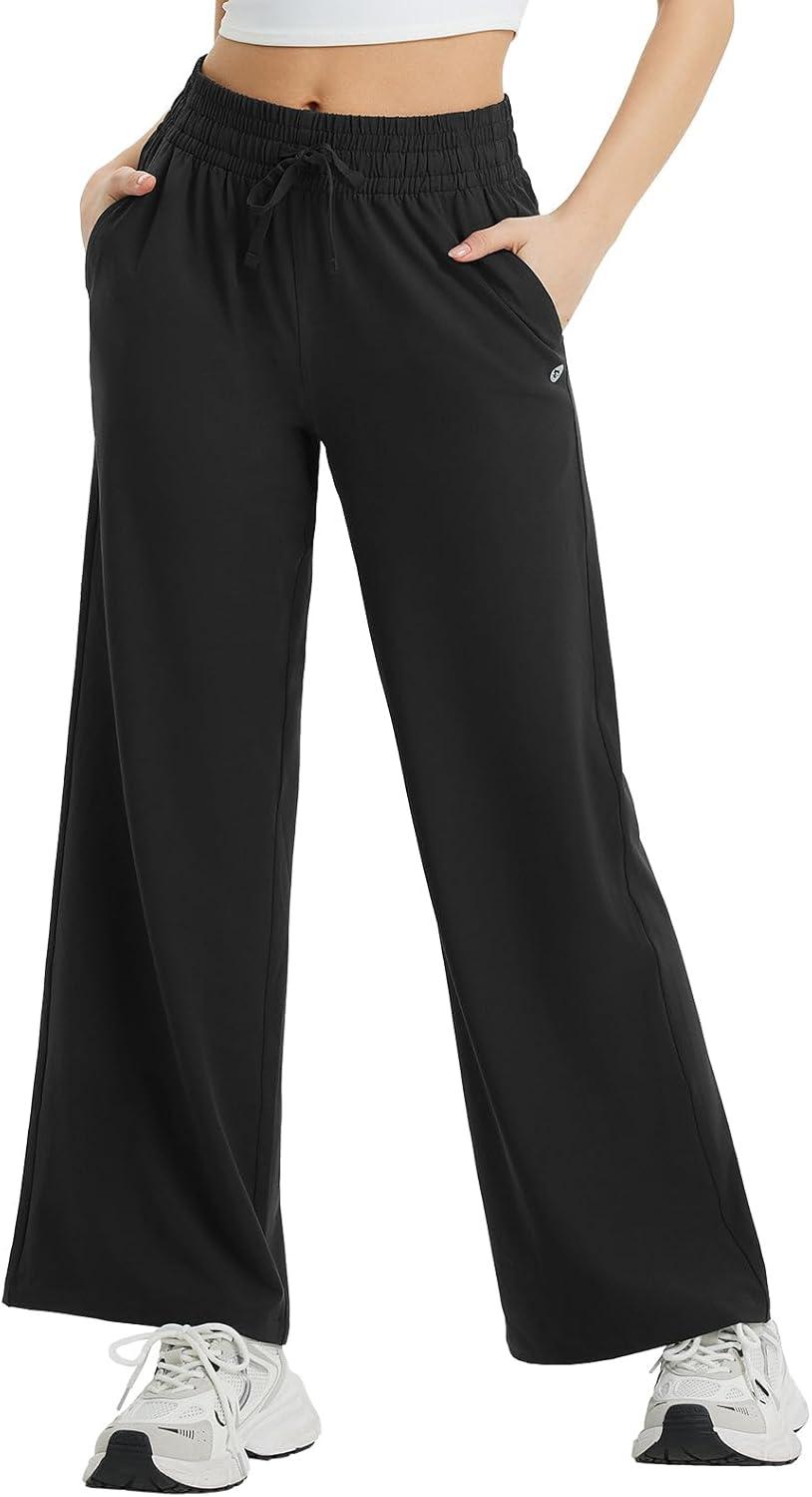 imagebaleaf Womens Hiking Pants Travel Wide Leg Pants with Pockts UPF 50 Loose Lightweight Water Resistant WorkBlack