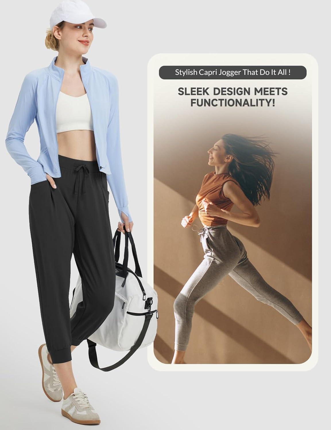 imagebaleaf Womens Petite Joggers Capri Sweatpants Drawstring Track Pants Travel Lounge Cropped Pants with PocketsBlack