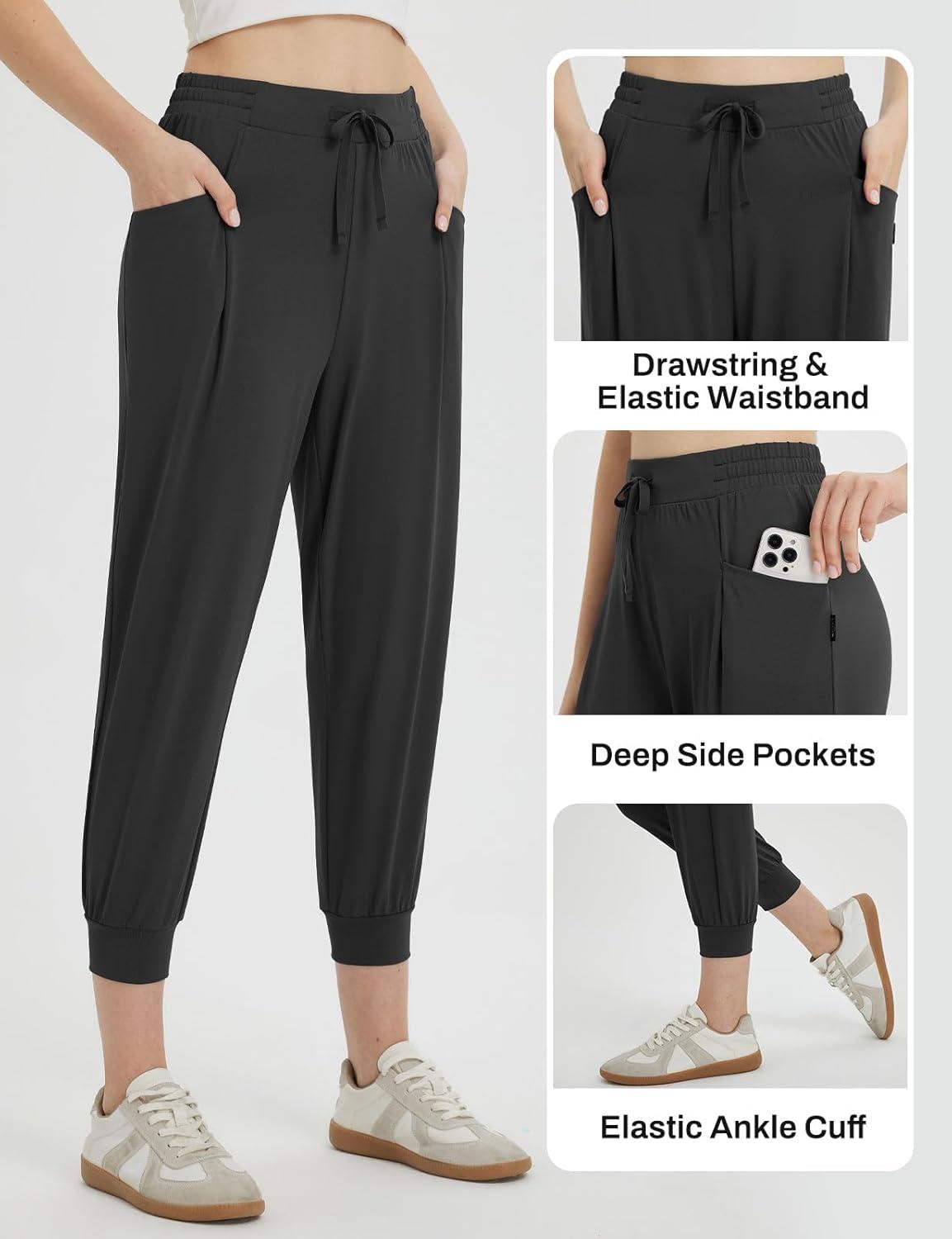 imagebaleaf Womens Petite Joggers Capri Sweatpants Drawstring Track Pants Travel Lounge Cropped Pants with PocketsBlack