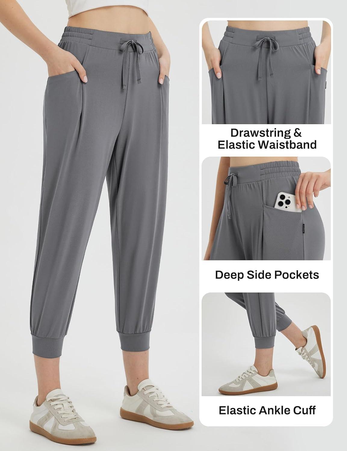 imagebaleaf Womens Petite Joggers Capri Sweatpants Drawstring Track Pants Travel Lounge Cropped Pants with PocketsDark Grey