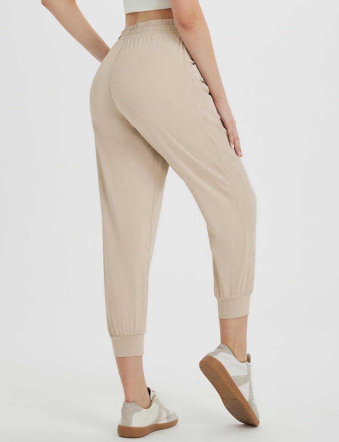 imagebaleaf Womens Petite Joggers Capri Sweatpants Drawstring Track Pants Travel Lounge Cropped Pants with PocketsKhaki