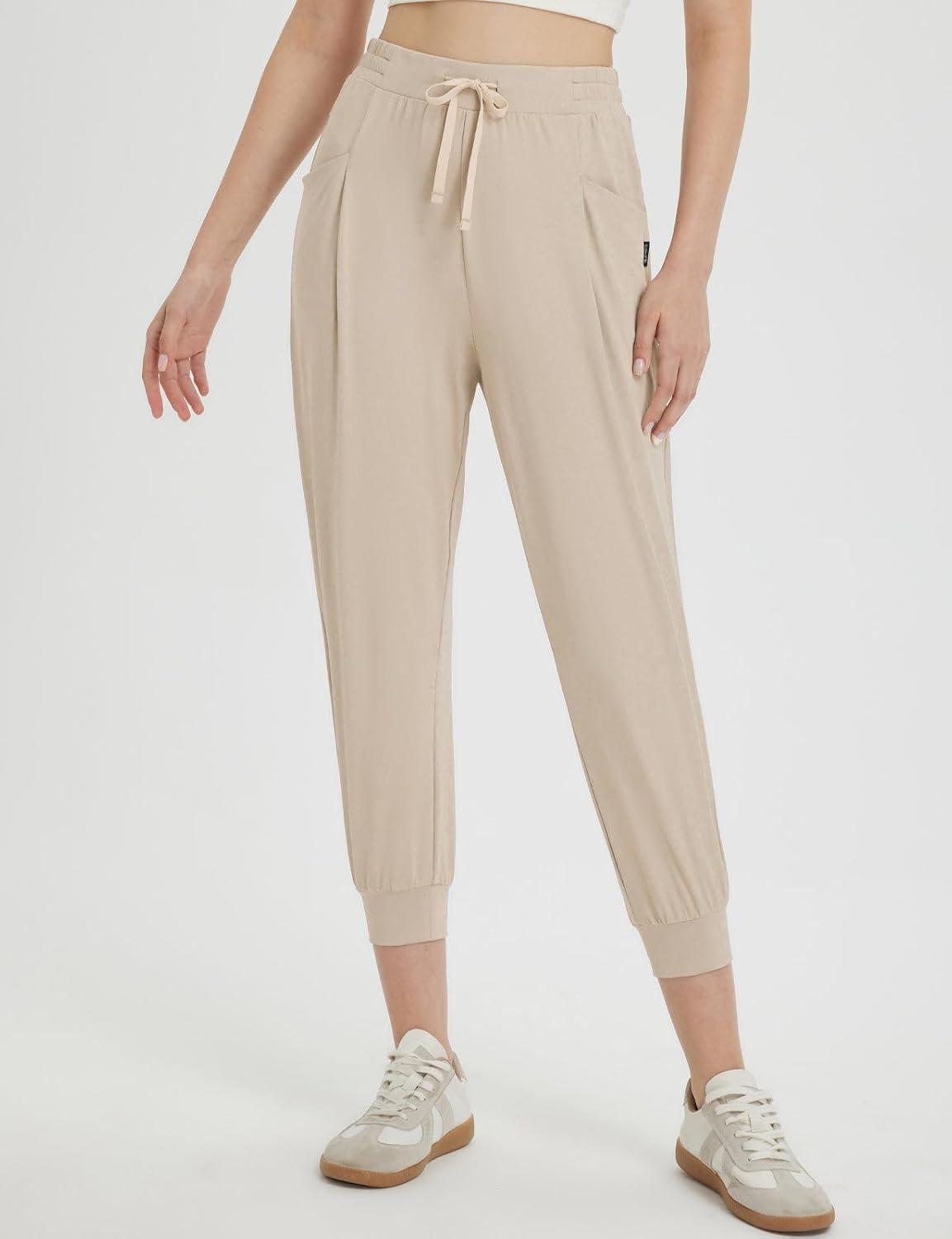 imagebaleaf Womens Petite Joggers Capri Sweatpants Drawstring Track Pants Travel Lounge Cropped Pants with PocketsKhaki