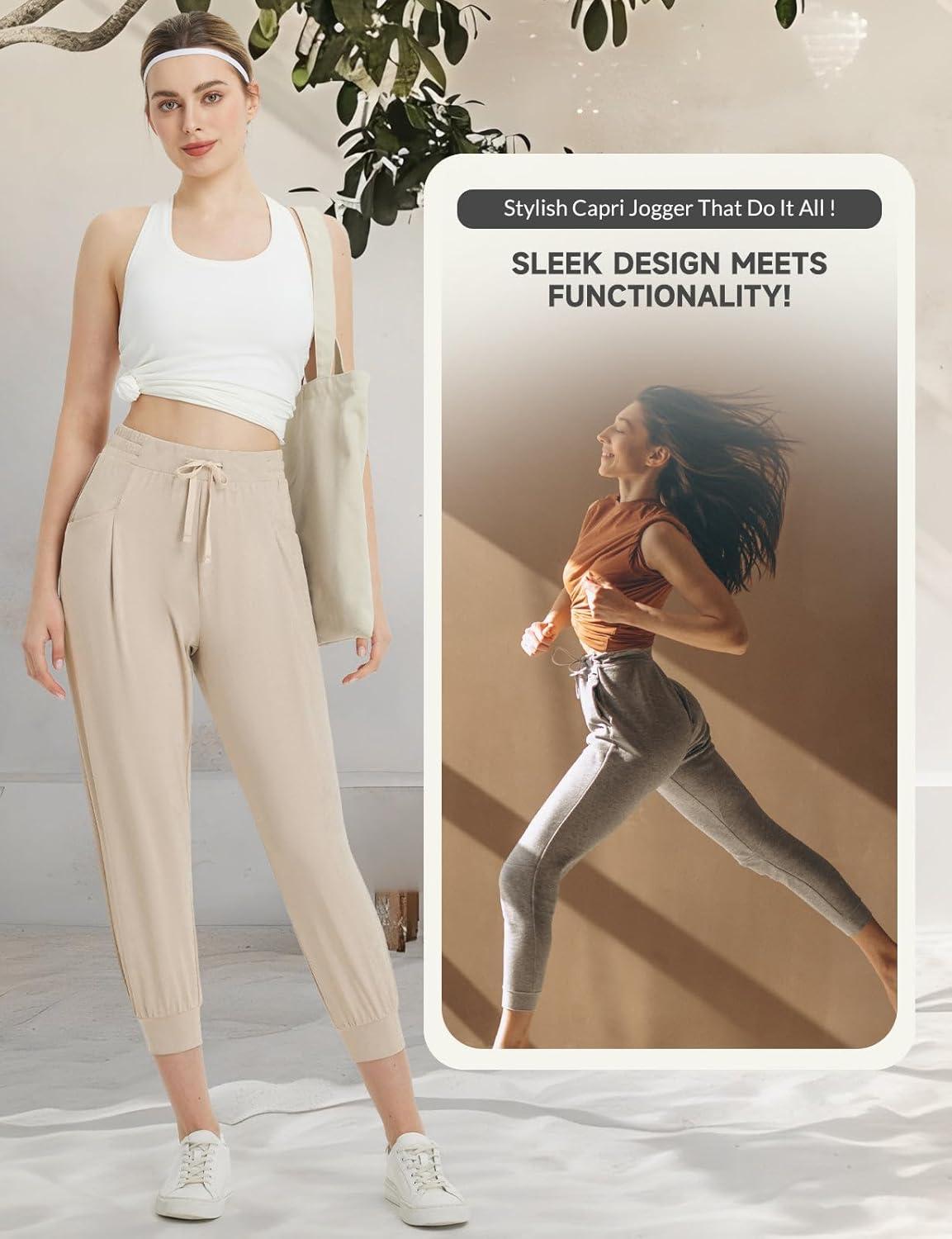 imagebaleaf Womens Petite Joggers Capri Sweatpants Drawstring Track Pants Travel Lounge Cropped Pants with PocketsKhaki