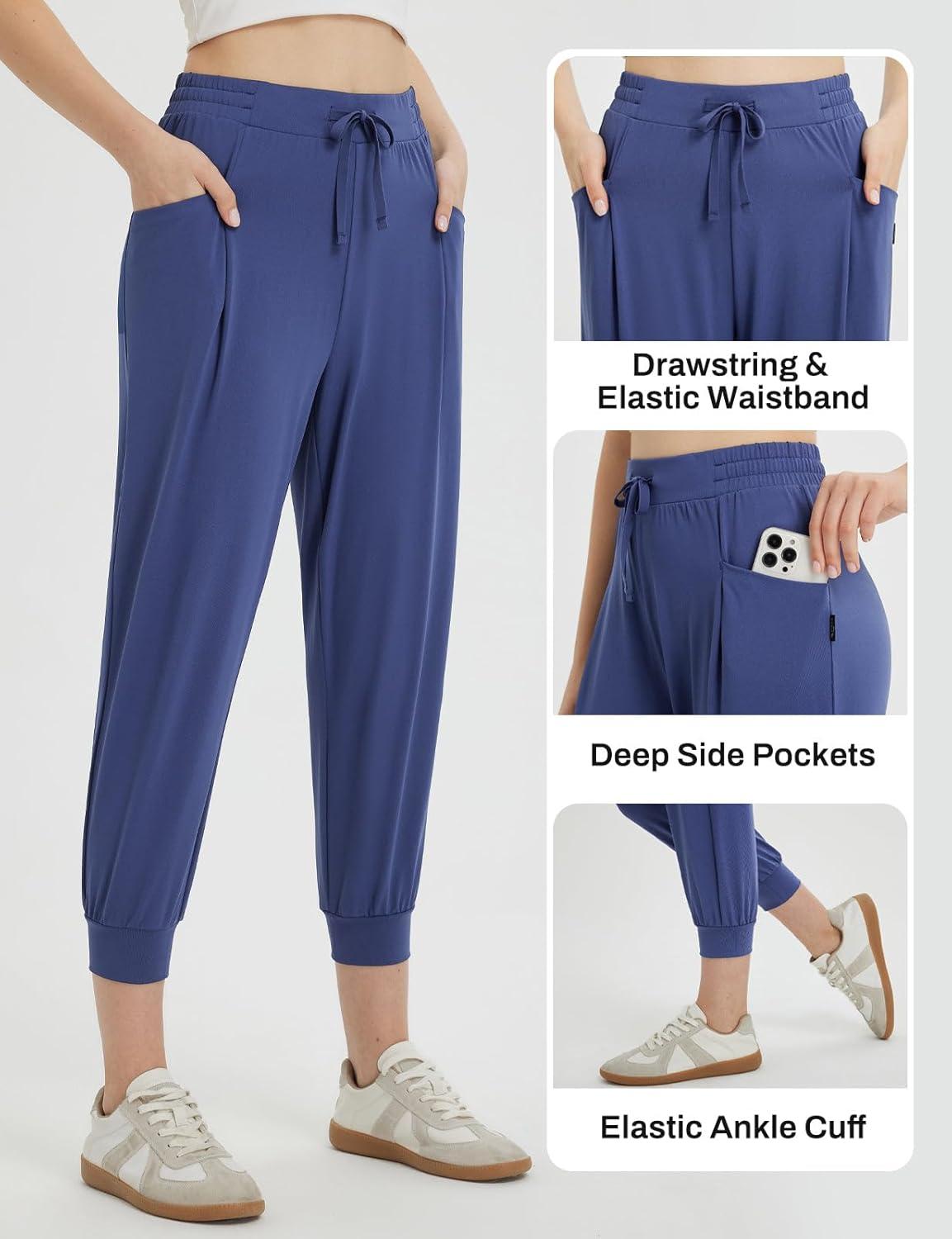 imagebaleaf Womens Petite Joggers Capri Sweatpants Drawstring Track Pants Travel Lounge Cropped Pants with PocketsNavy Blue