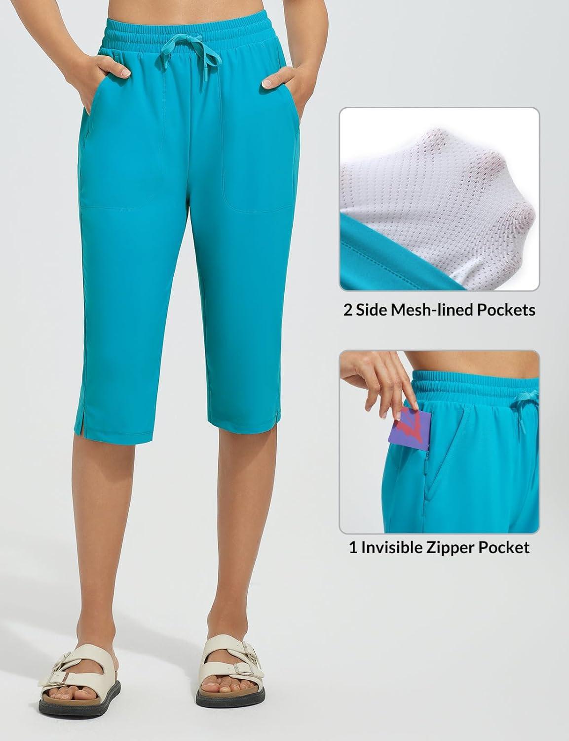 imagebaleaf Womens Quick Dry Swim Pants with Liner 15quot Long Swim Capris UPF50 Swimming Beach Pants with PocketsAqua Blue