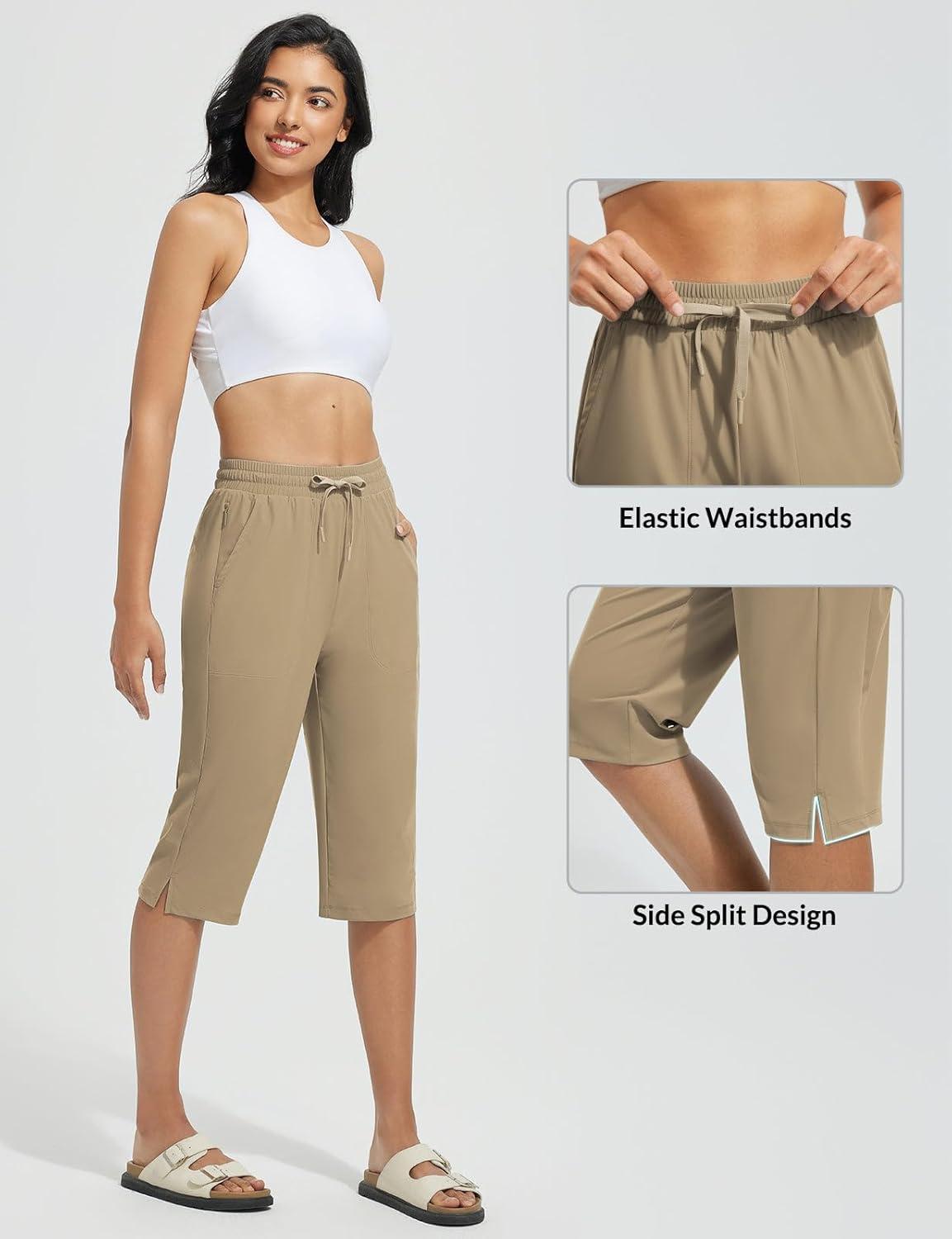 imagebaleaf Womens Quick Dry Swim Pants with Liner 15quot Long Swim Capris UPF50 Swimming Beach Pants with PocketsBrown