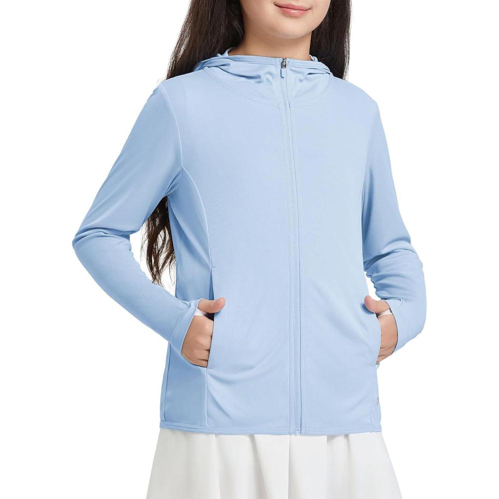 imagebaleaf Girls UPF 50 Rash Guard Sun Jacket Hoodie SPF UV Protection Full Zip Swim Shirts Long Sleeve for KidsLight Blue