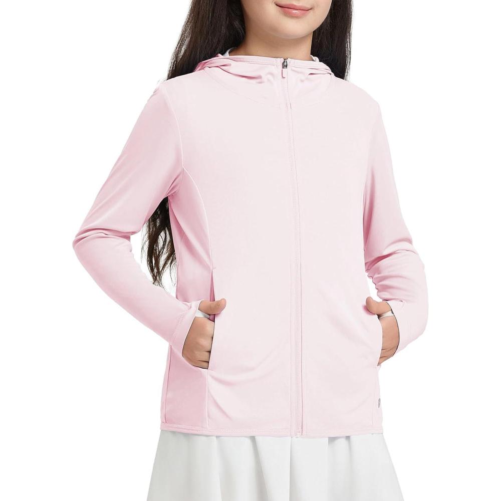imagebaleaf Girls UPF 50 Rash Guard Sun Jacket Hoodie SPF UV Protection Full Zip Swim Shirts Long Sleeve for KidsLight Pink