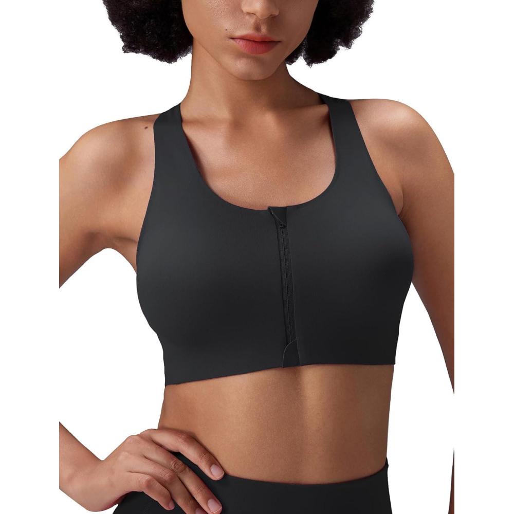 imagebaleaf Sweatleaf Womens Zip Front Closure Sports Bras Racerback Padded High Impact Yoga Workout Running BraBlack