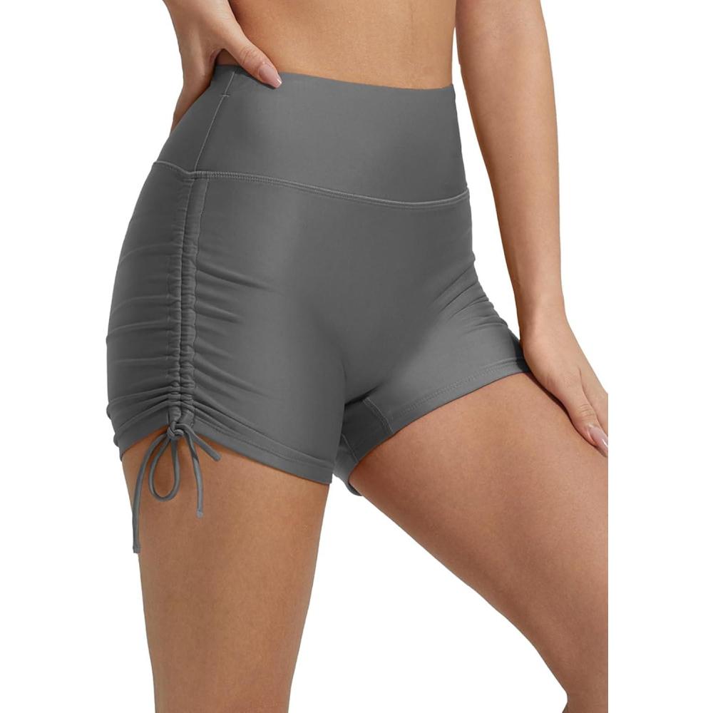imagebaleaf Womens 3quot High Waisted Swim Shorts Tummy Control Swimsuit Bottoms Ruched Side Board Shorts with PocketDark Gray