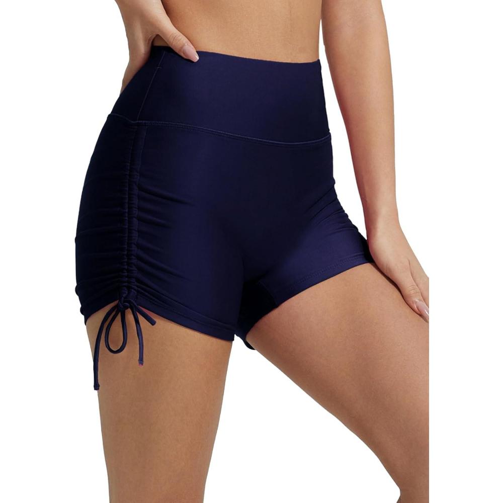 imagebaleaf Womens 3quot High Waisted Swim Shorts Tummy Control Swimsuit Bottoms Ruched Side Board Shorts with PocketNavy Blue