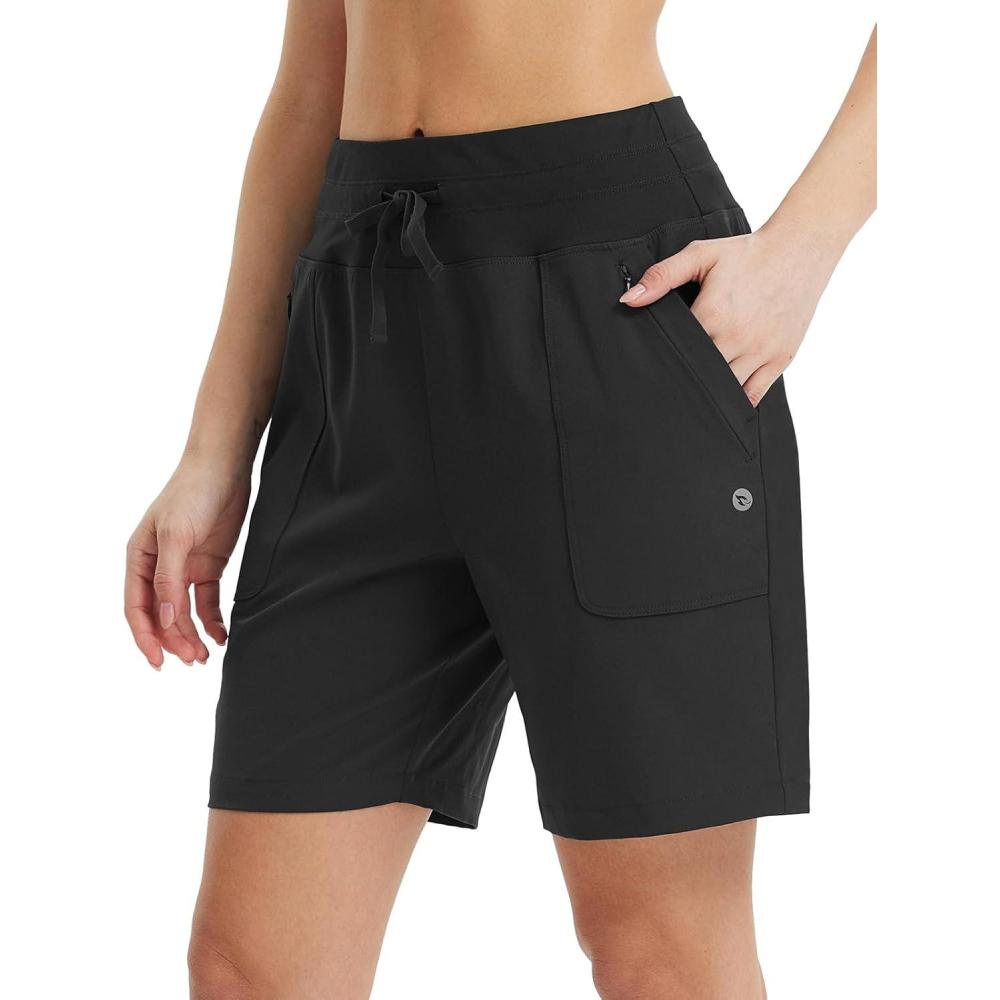 imagebaleaf Womens 7quot Athletic Running Shorts Long Workout Shorts High Waisted Quick Dry 4 Zipper Pockets UPF50Black
