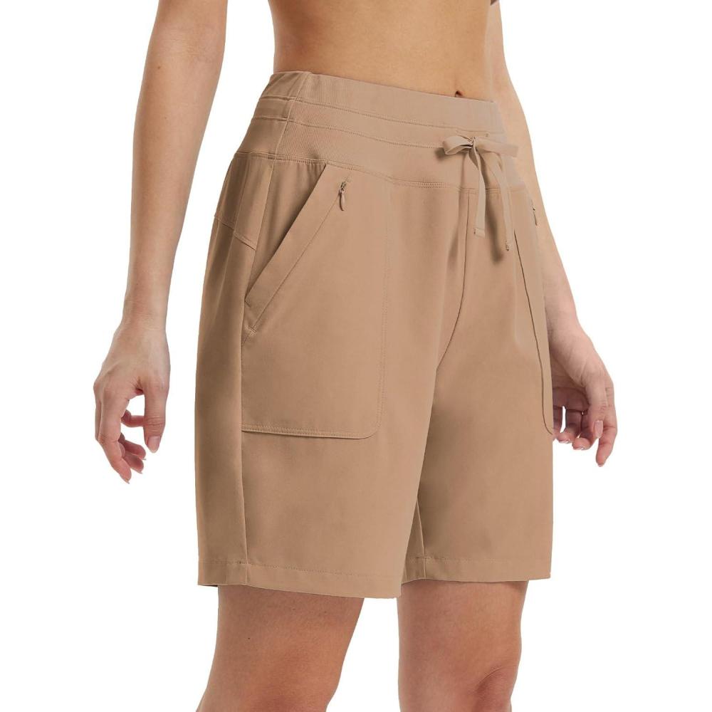 imagebaleaf Womens 7quot Athletic Running Shorts Long Workout Shorts High Waisted Quick Dry 4 Zipper Pockets UPF50Brown