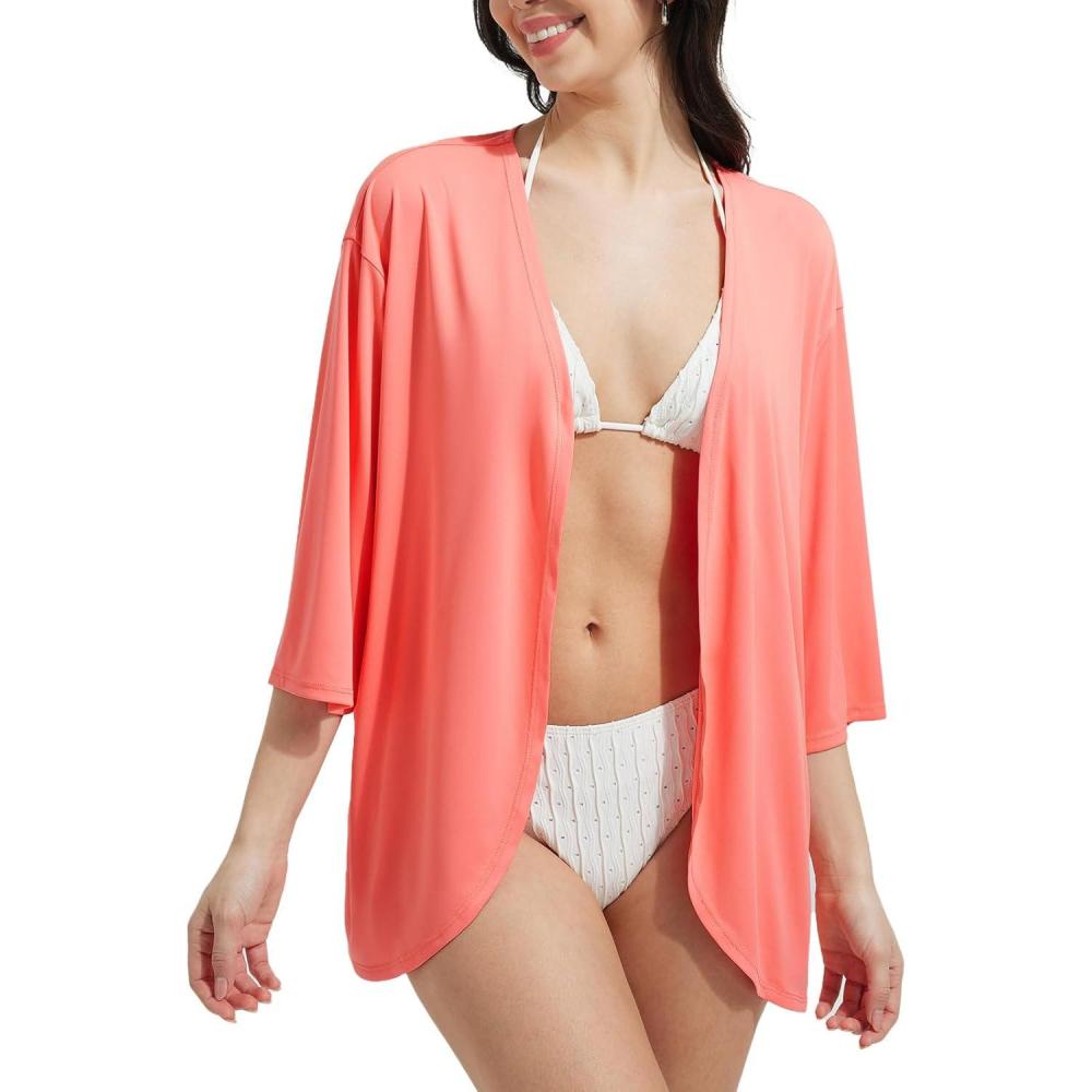 imagebaleaf Womens Beach Cover Up UPF 50 2025 Lightweight Cardigan 34 Sleeve Sun Shirts SPF Sun Wrap with PocketPink