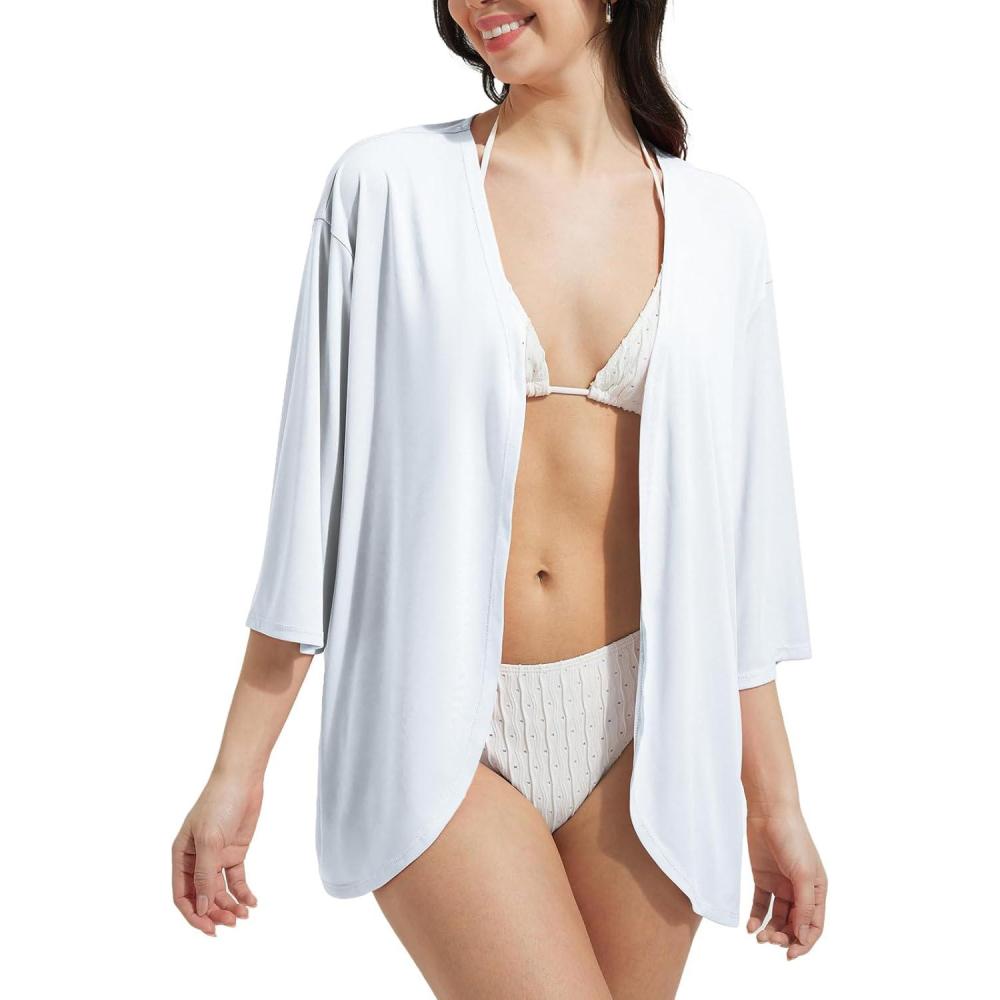imagebaleaf Womens Beach Cover Up UPF 50 2025 Lightweight Cardigan 34 Sleeve Sun Shirts SPF Sun Wrap with PocketWhite