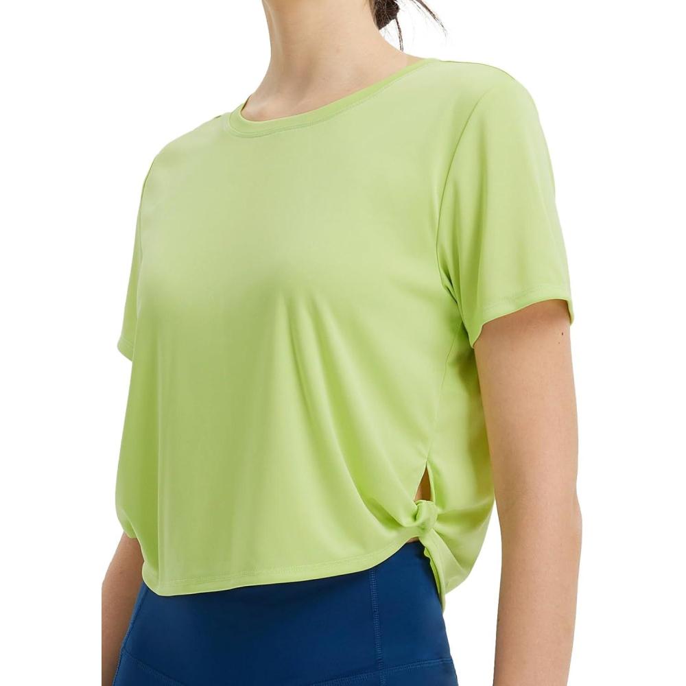 imagebaleaf Womens Cropped Workout Tops Short Sleeve Athletic Running Shirts Loose Fit Quick Dry Yoga TShirts UPF 50Lime Green
